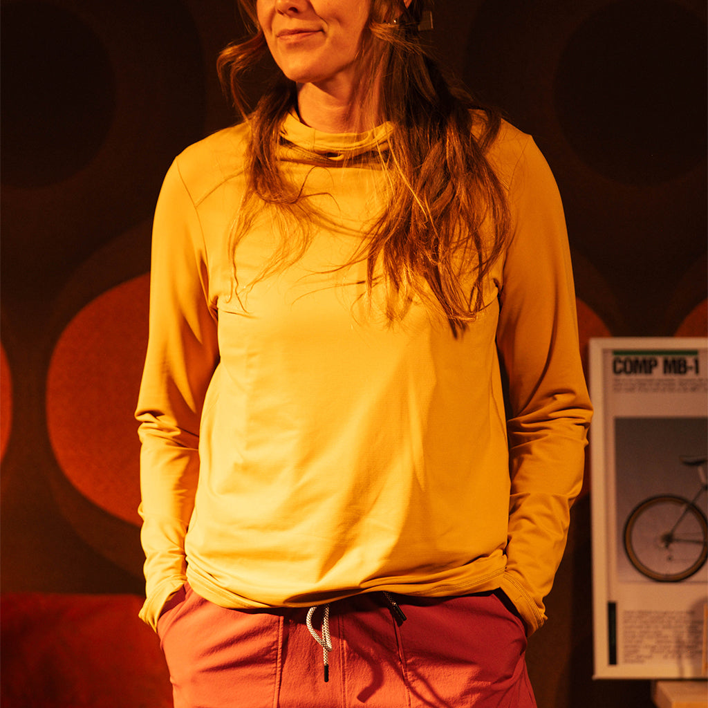 General front view of Topo Designs Sun Hoodie - Women's in "Goldenrod"