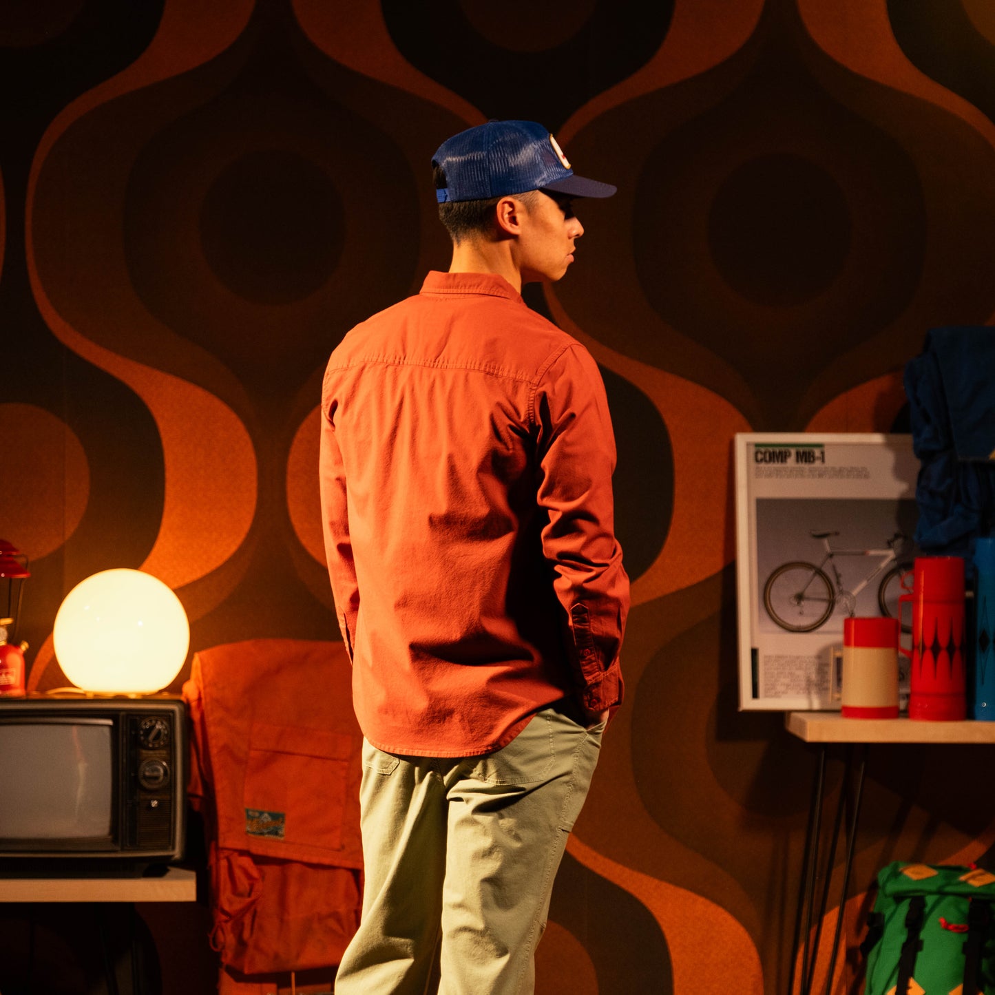 General model shot of Topo Designs Desert Shirt - Men's in "Terracotta"