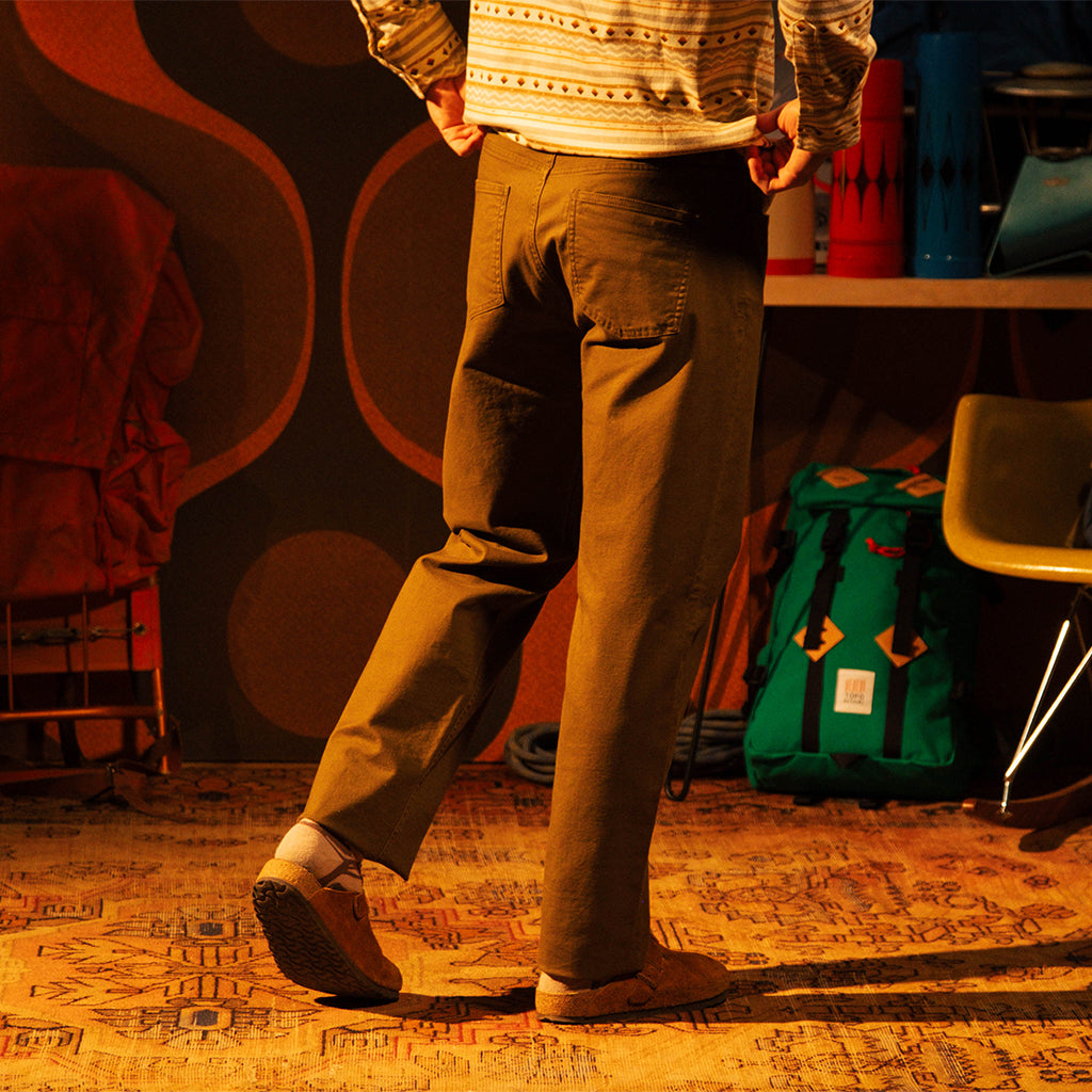 General front view of Topo Designs Dirt 5-Pocket Pants - Men's in "Desert Palm"