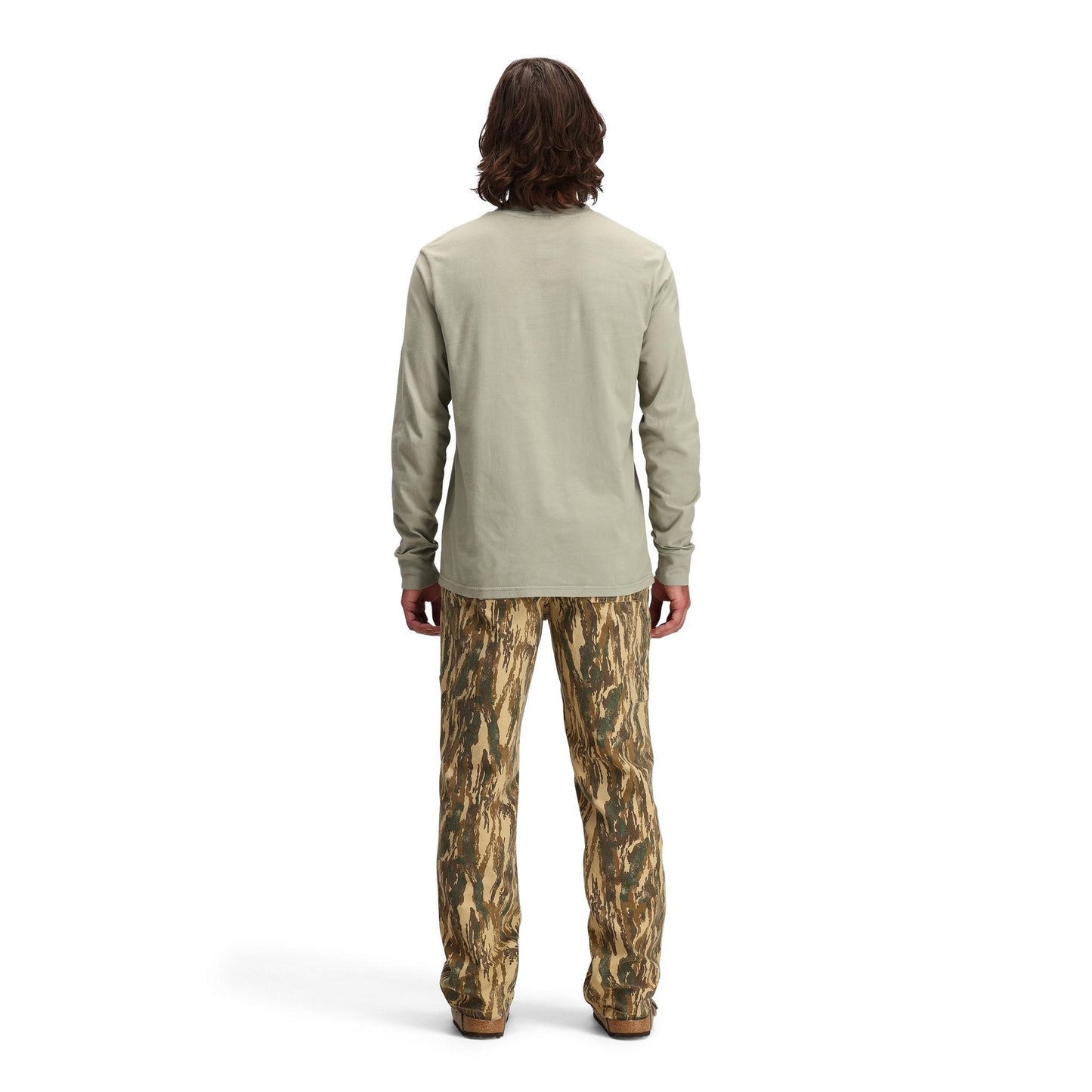 Back model shot of Topo Designs Dirt Pocket Tee Long Sleeve - Men's in "Dried Sage"