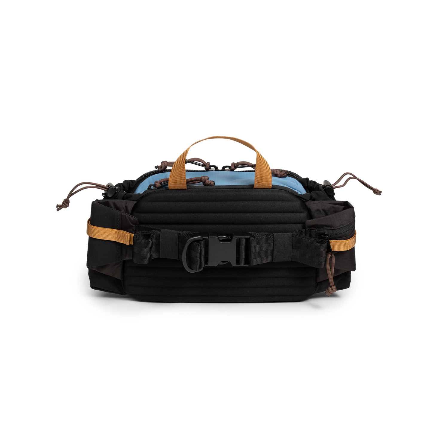 Back view of Topo Designs Mountain Hydro Hip Pack in "River Blue / Brown Oak"