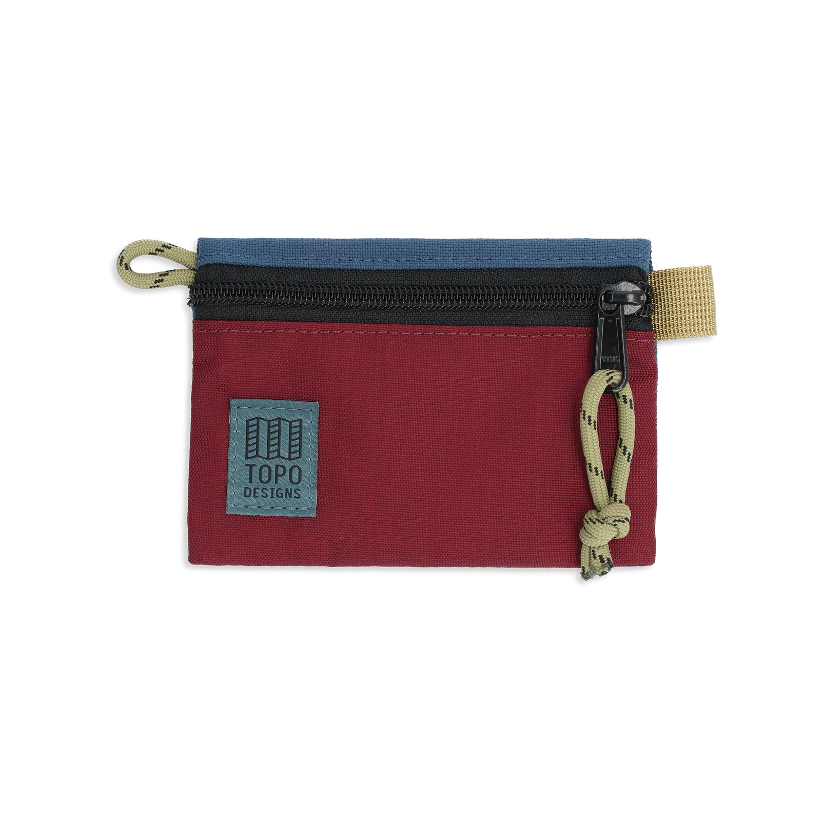 Front View of Topo Designs Accessory Bags in "Micro" "Dark Denim / Burgundy"