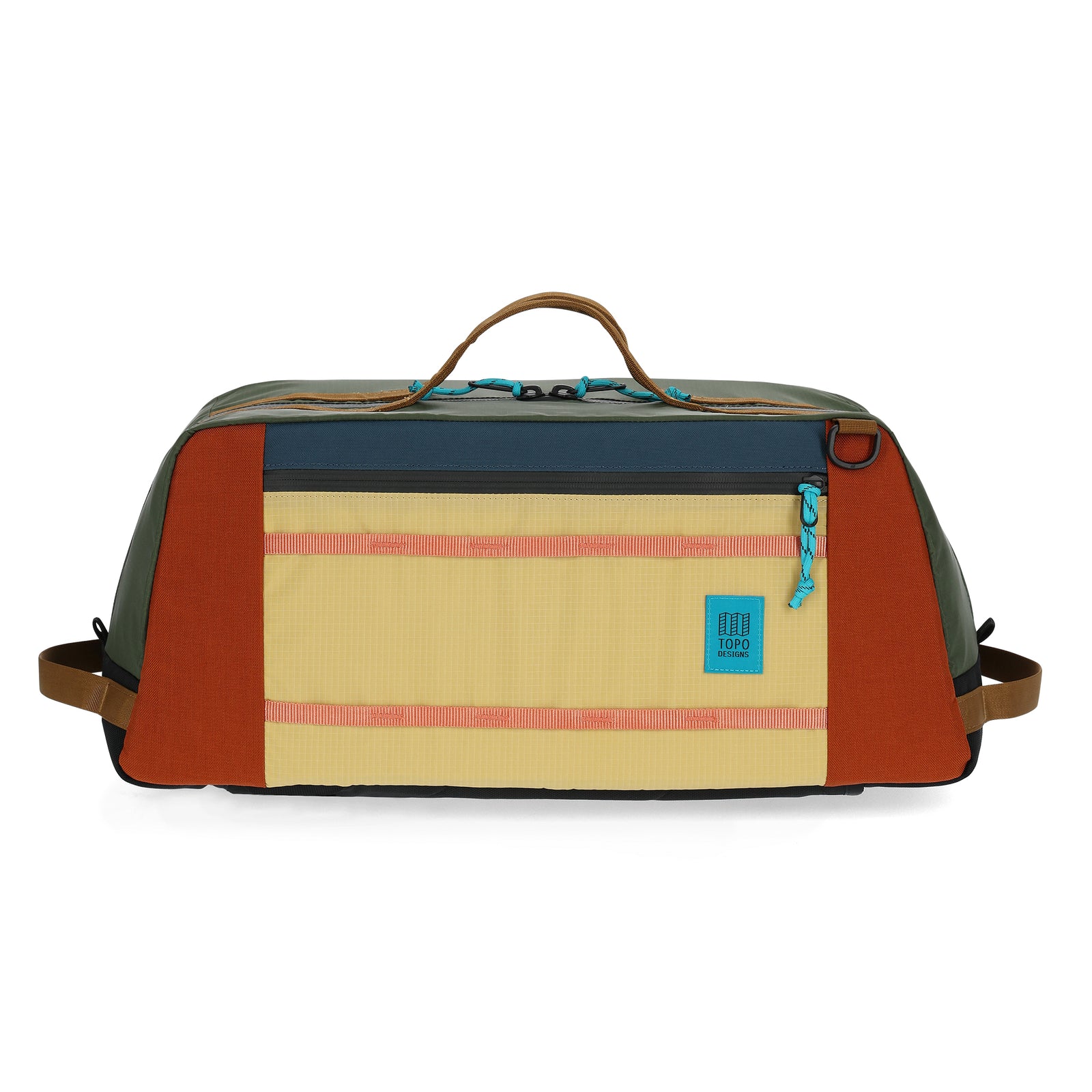 Front View of Topo Designs Mountain Duffel in "Olive / Hemp"