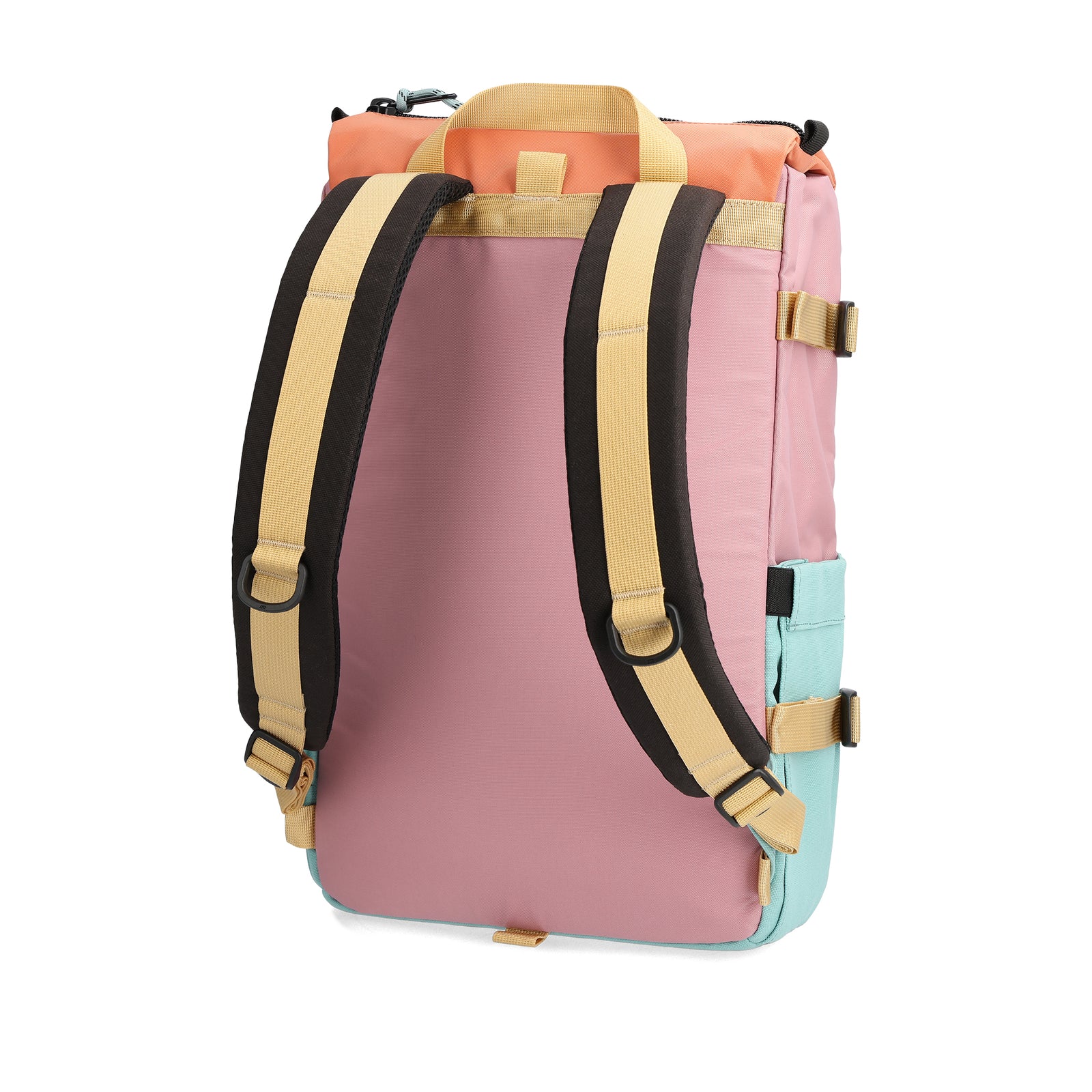 Back View of Topo Designs Rover Pack Classic in "Rose / Geode Green"