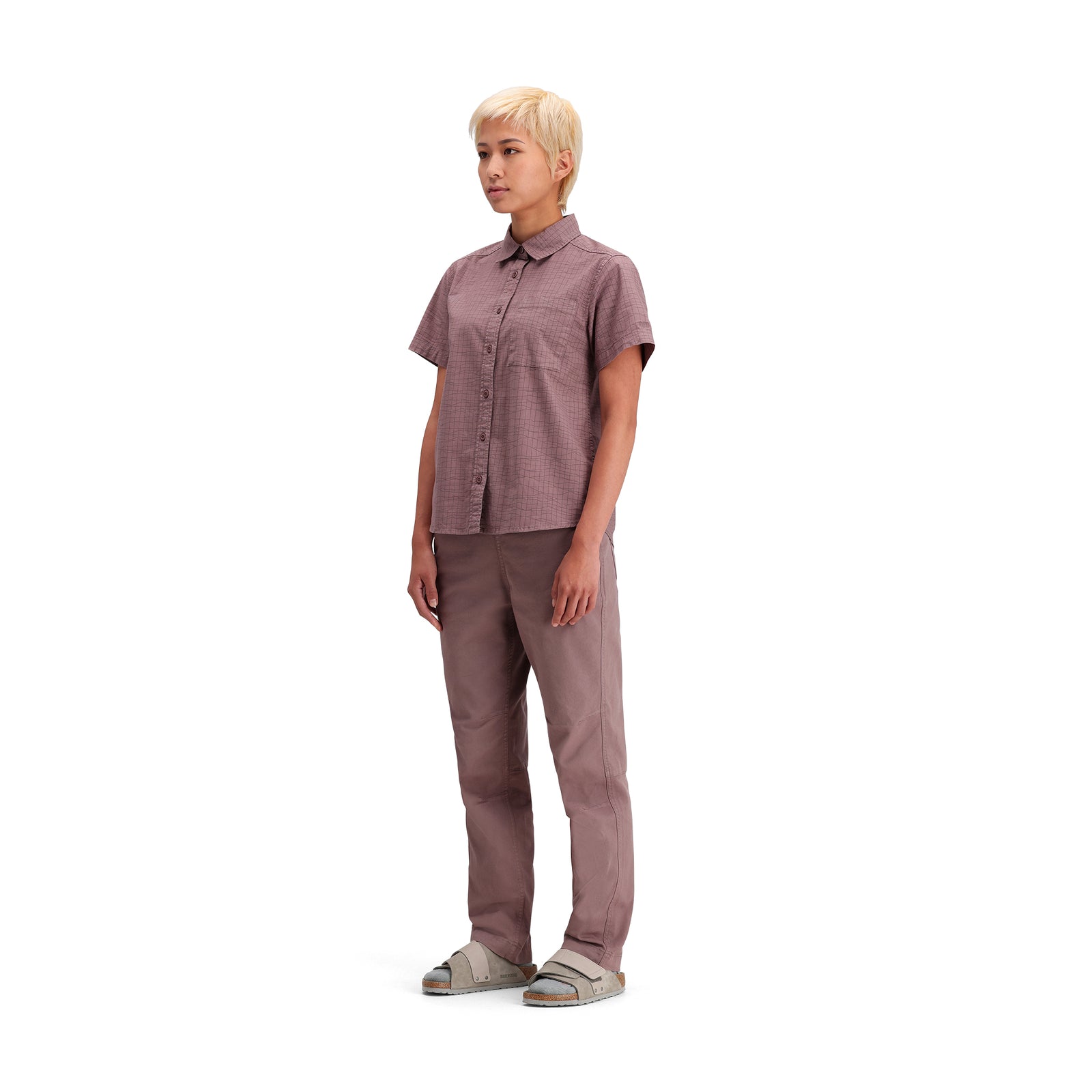 General side model shot of Topo Designs Dirt Desert Shirt Ss - Women's in "Peppercorn Terrain"