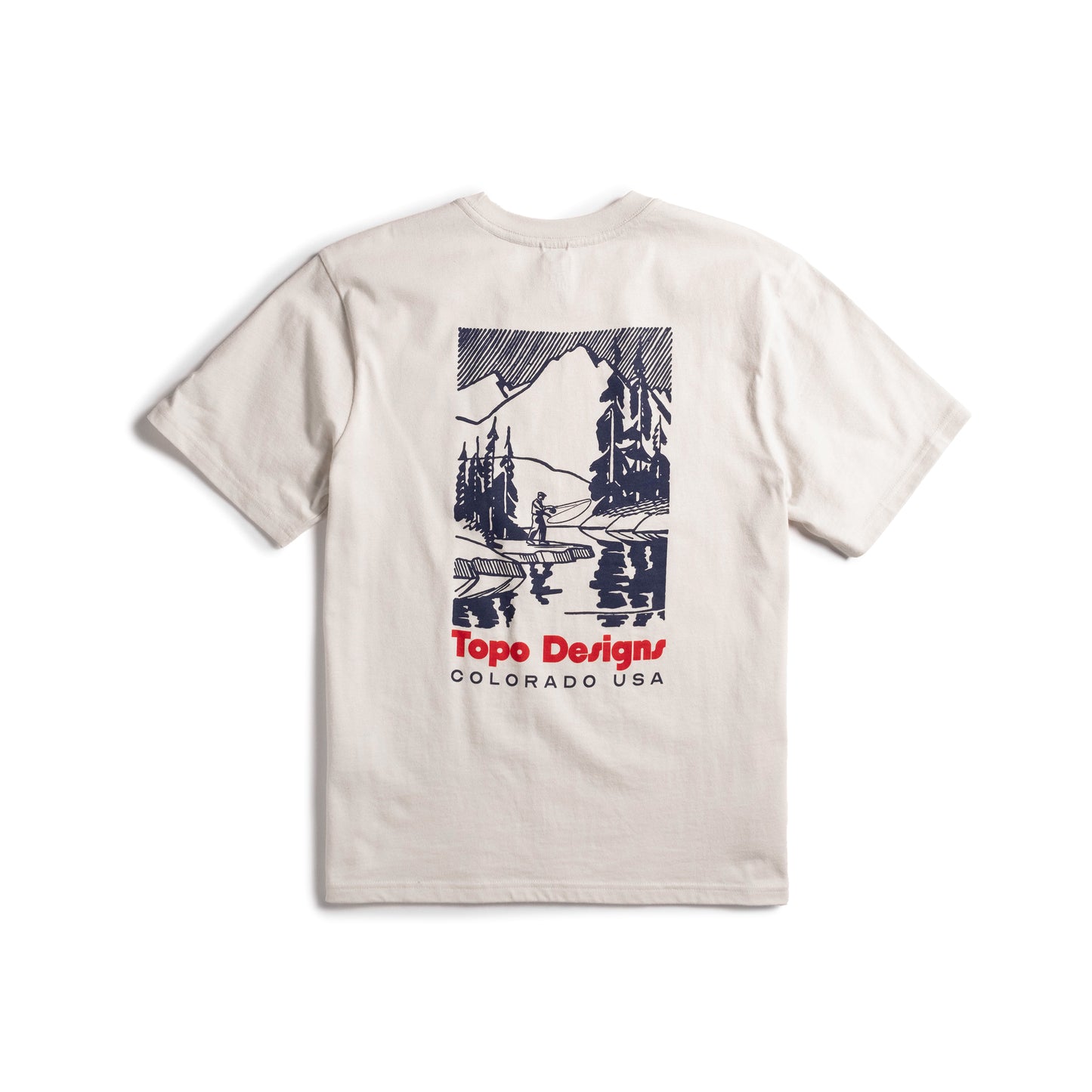 Back flat lay image on white background of Topo Designs Mountain River Tee - Men's in "Bone White"