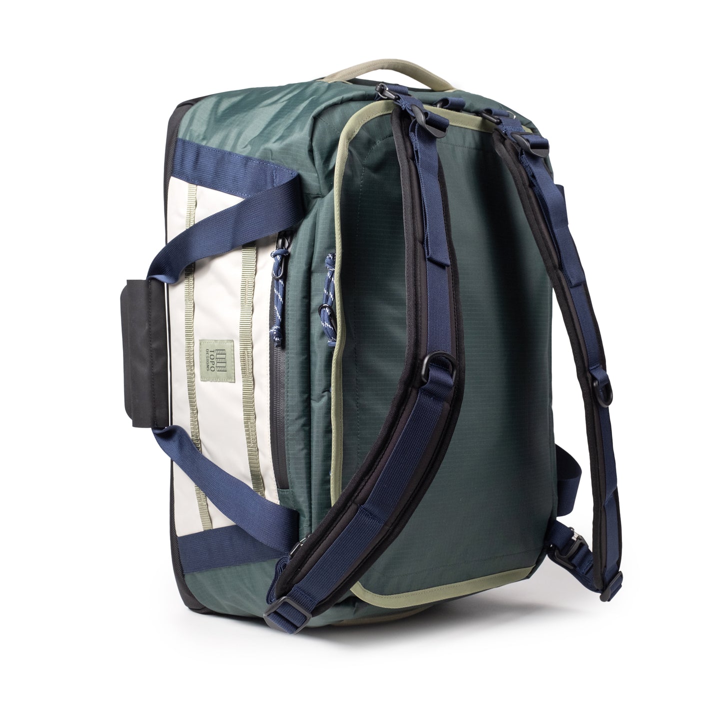 Standing Backpack View of Topo Designs Mountain Duffel 40L in "Forest / Bone White"