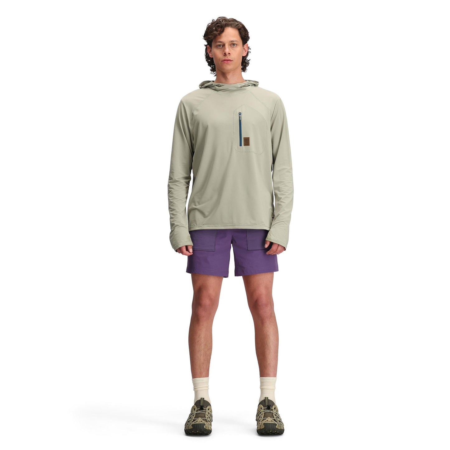 Front model shot of Topo Designs Sun Hoodie - Men's in "Dried Sage"