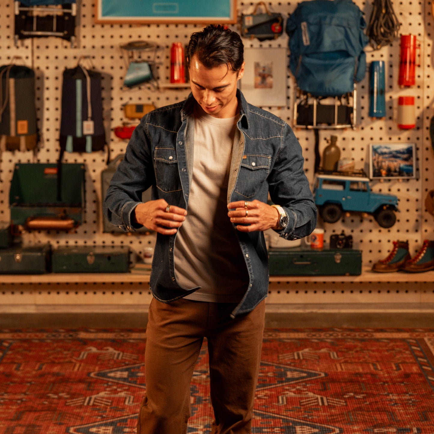 Man wearing "Dark Denim" and "Light Denim" mountain shirt.