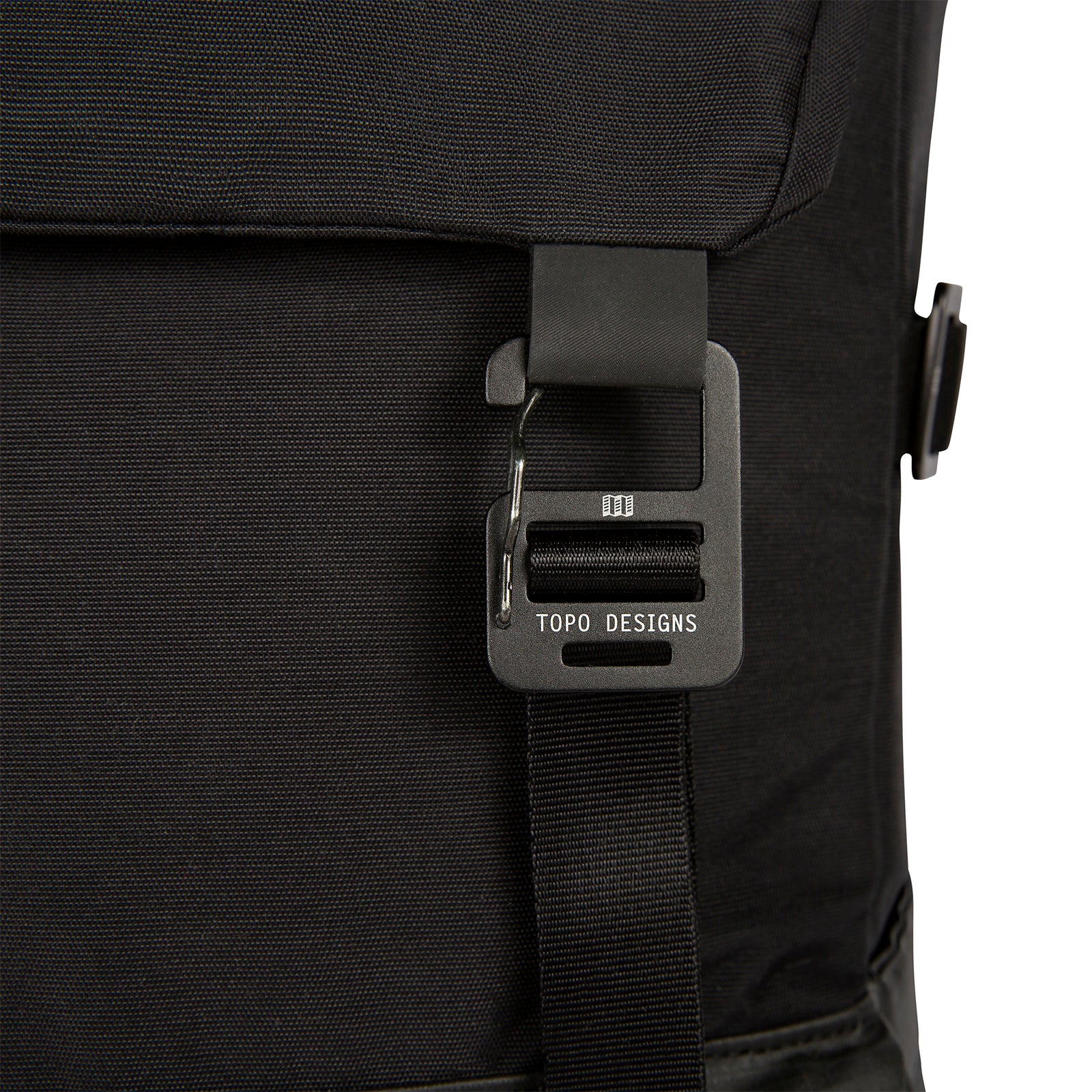 Detail Shot of the Topo Designs Rover Pack Premium showing the hardware in "Premium Black".