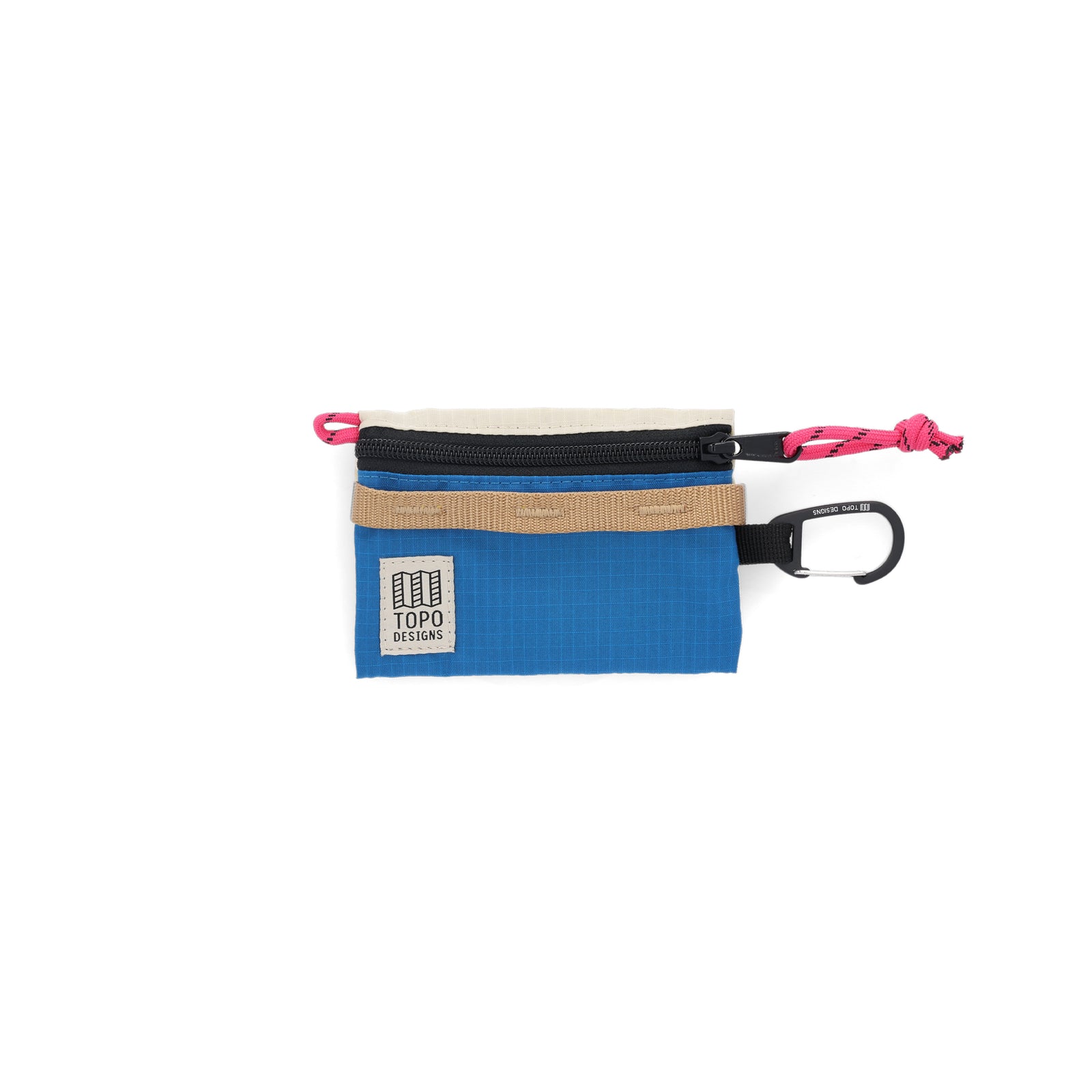 Topo Designs Mountain Accessory Bag carabiner clip pouch keychain wallet in "Bone White / Blue" lightweight recycled nylon.