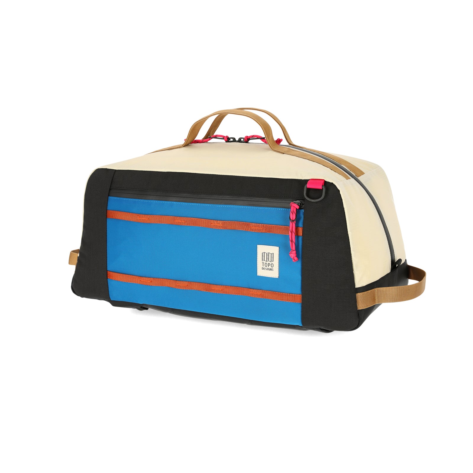 Topo Designs Mountain Duffel 40L backpack gear bag in recycled "Bone White / Blue" nylon.
