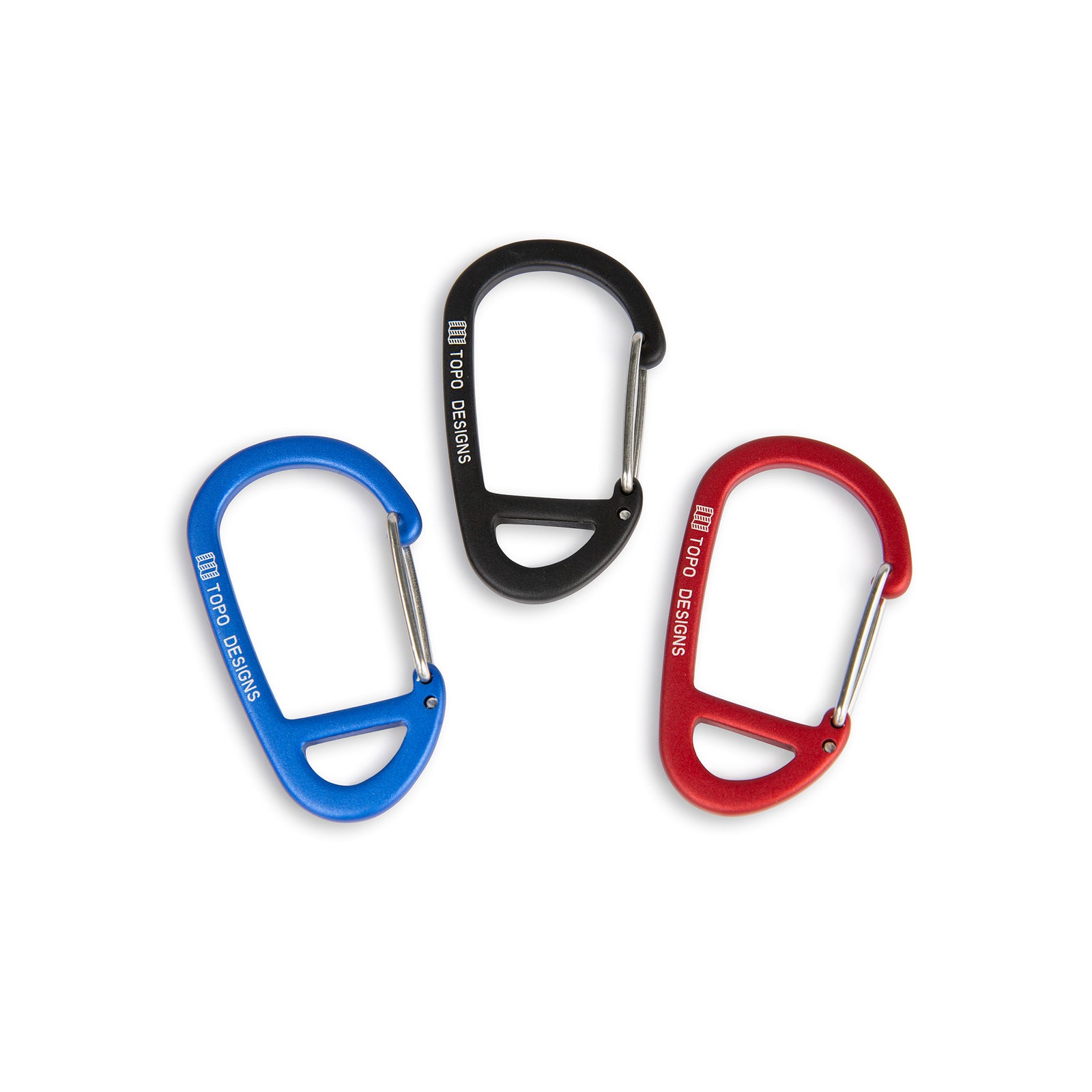 Topo Designs Carabiner 3-Pack in "Black / Red / Blue" key chain clips in size "49mm".