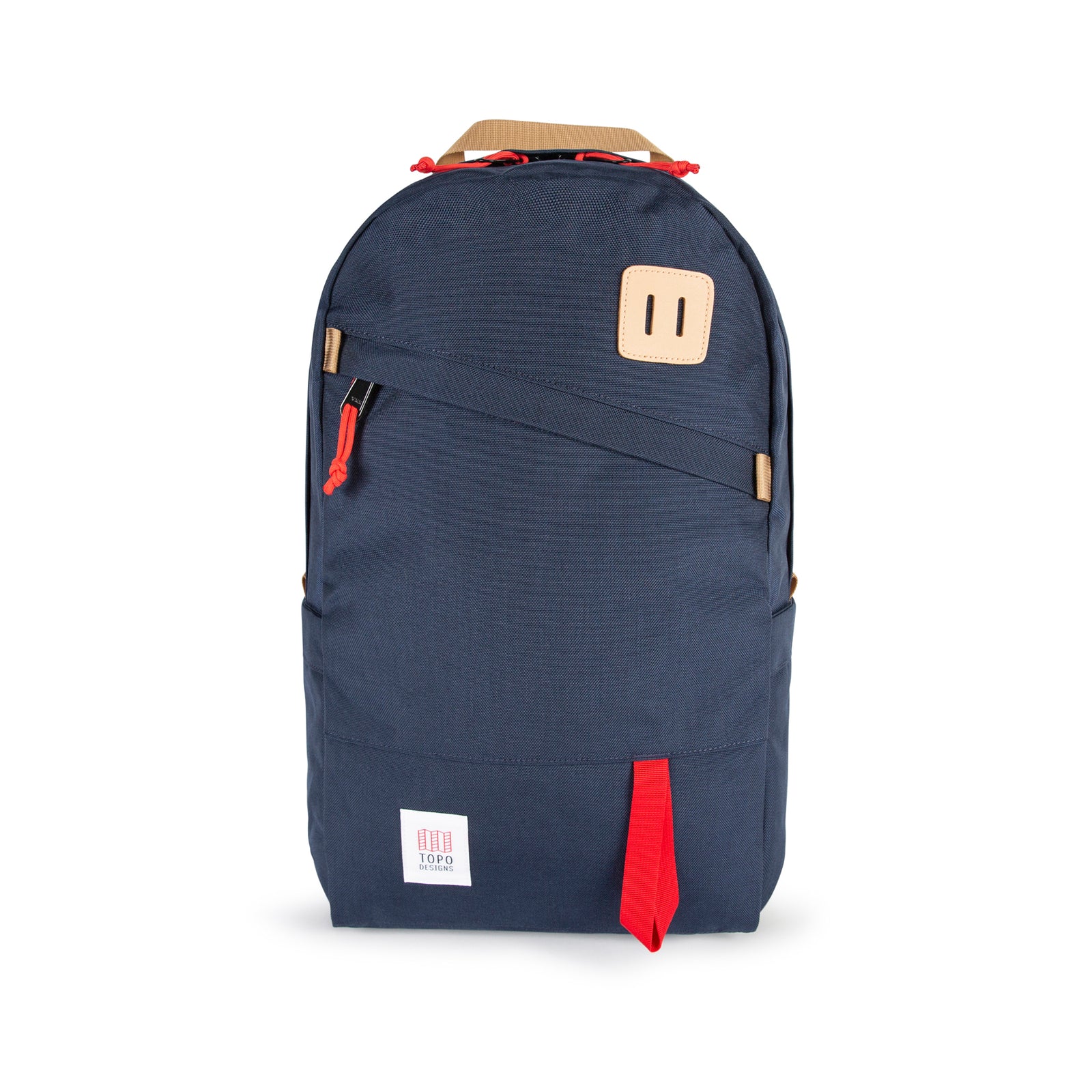 Topo Designs Daypack Classic 100% recycled nylon laptop backpack for work or school in "Navy / Red" blue.
