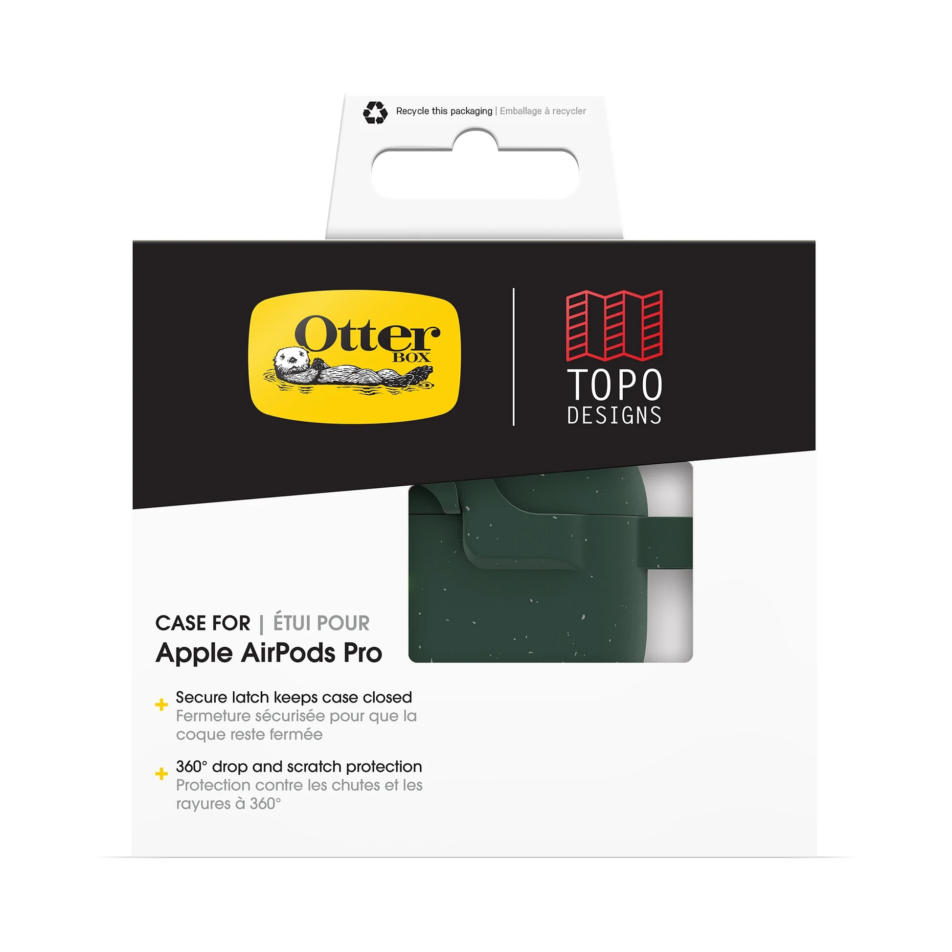 OtterBox x Topo Designs Airpods case in "Verdant Summit" for gen 1 and gen 2 in packaging