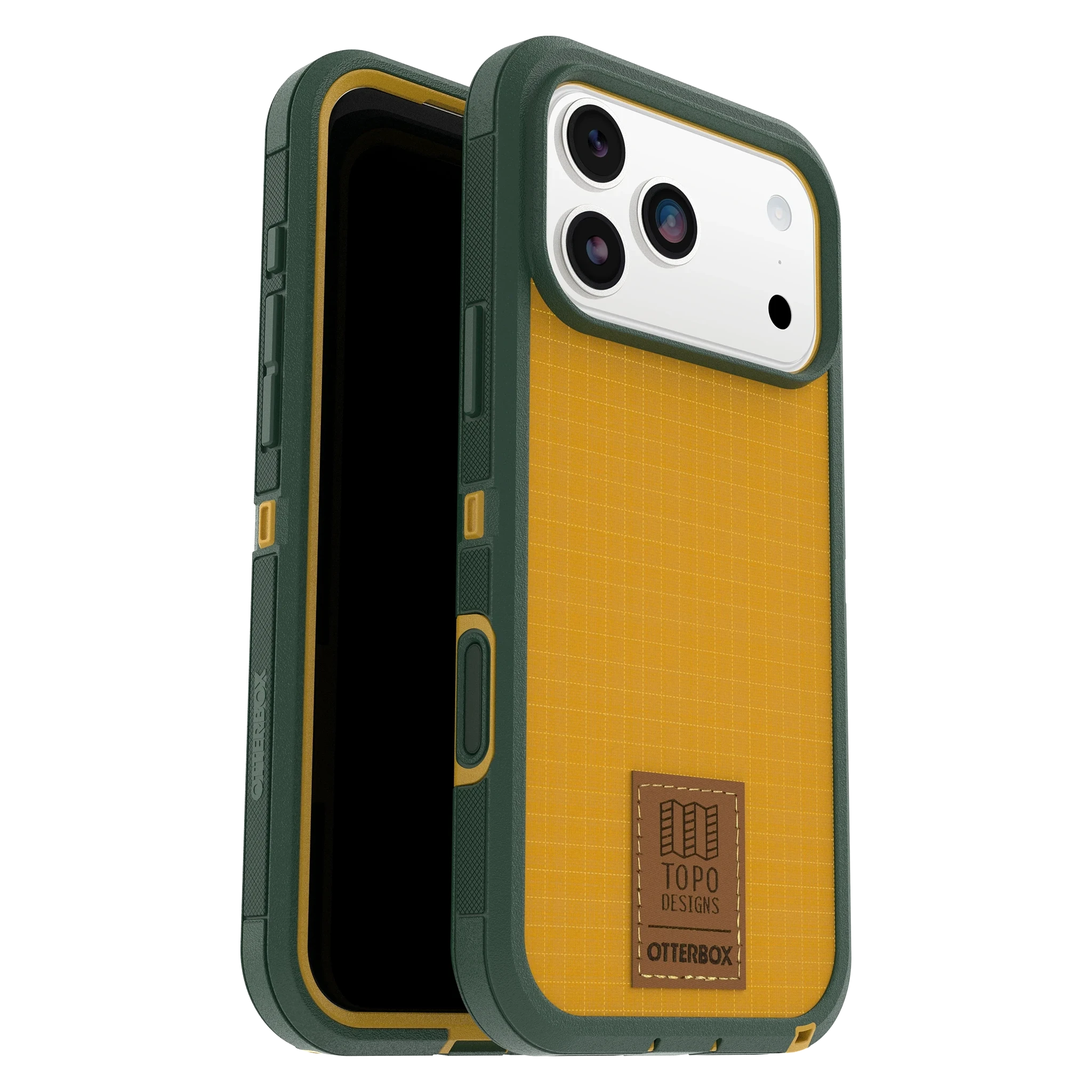 Front and back view of OtterBox x Topo Designs Defender Series Pro XT for MagSafe in "iPhone 17 Pro Max Case" size.