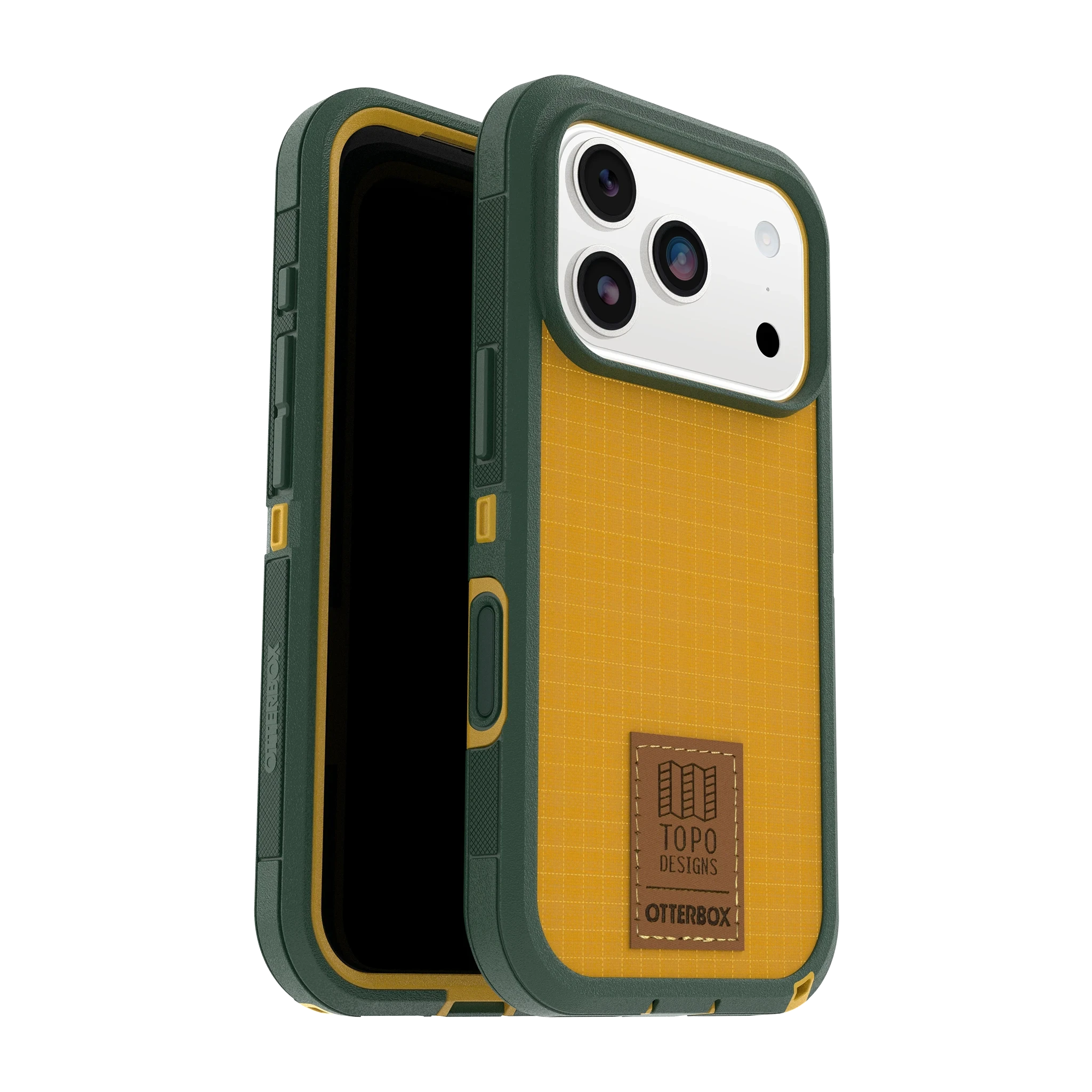 Front and back view of OtterBox x Topo Designs Defender Series Pro XT for MagSafe in "iPhone 17 Pro Case" size.