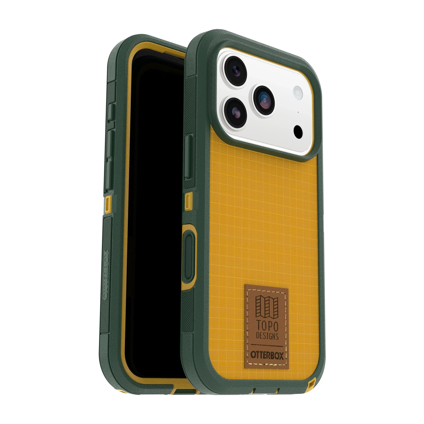 Front and back view of OtterBox x Topo Designs Defender Series Pro XT for MagSafe in "iPhone 17 Pro Case" size.