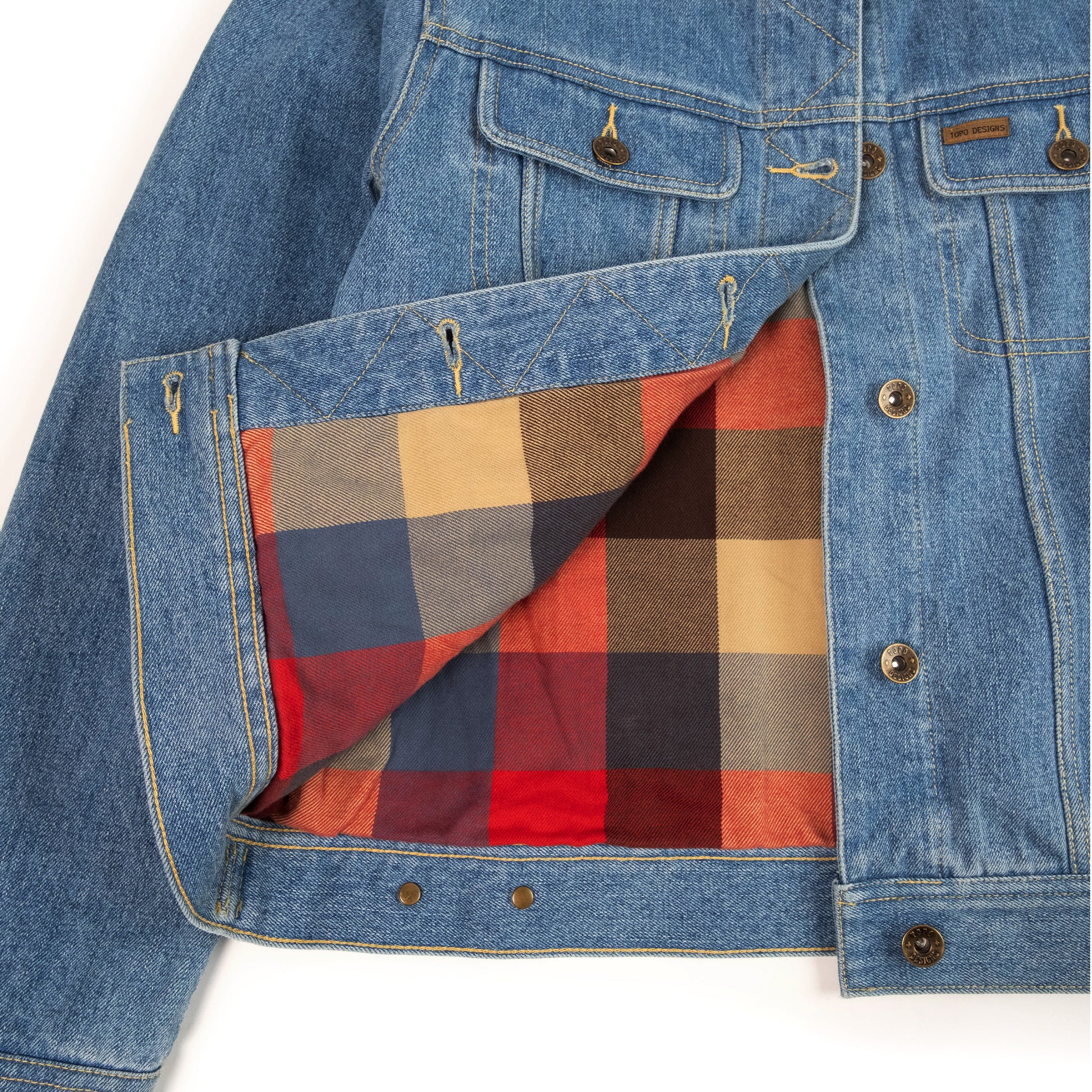 General Detail shot of Topo Designs Sightseer Jean Jacket - Women's in "Mid Denim"