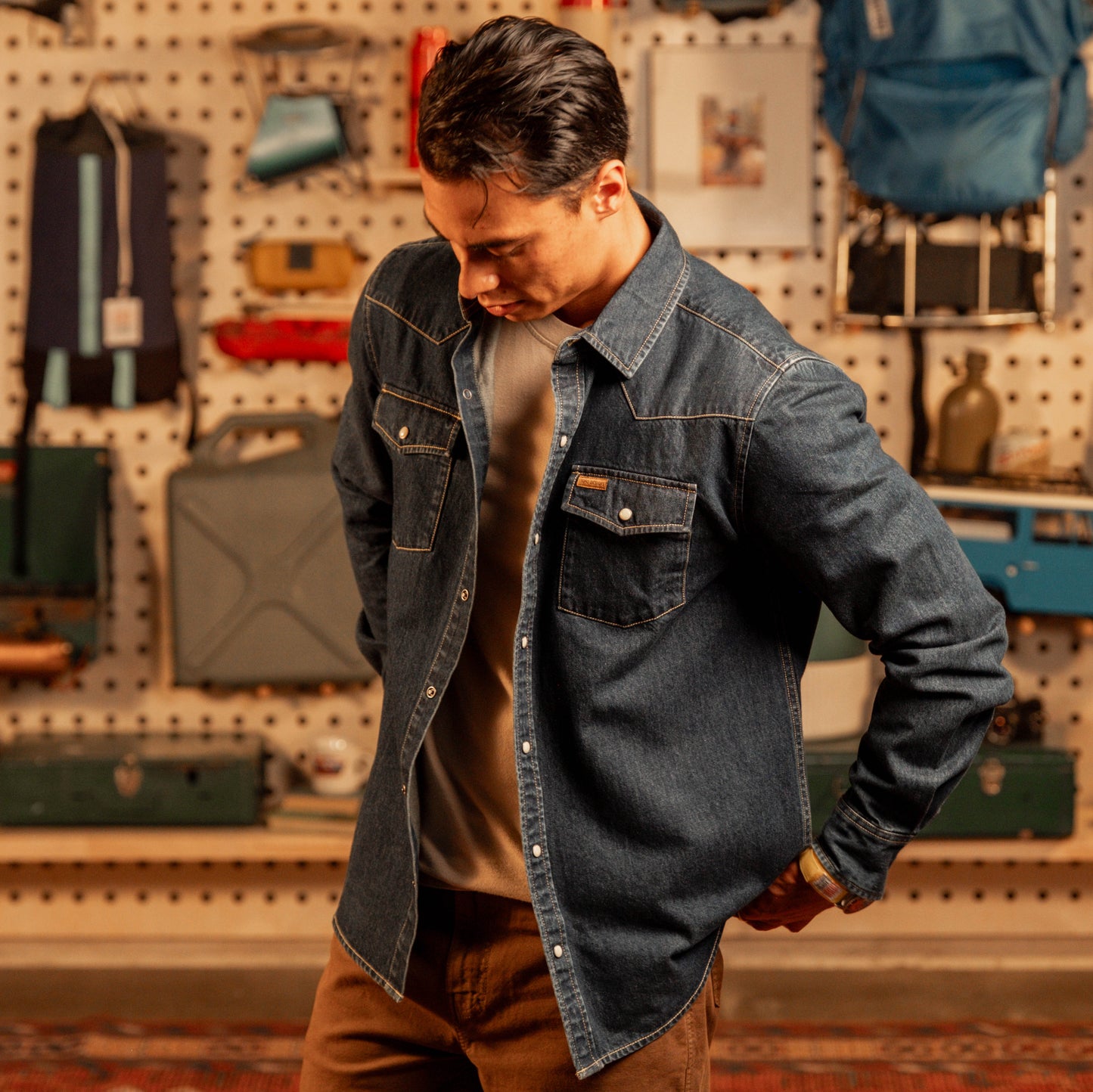 Man wearing "Dark Denim" and "Light Denim" mountain shirt. 