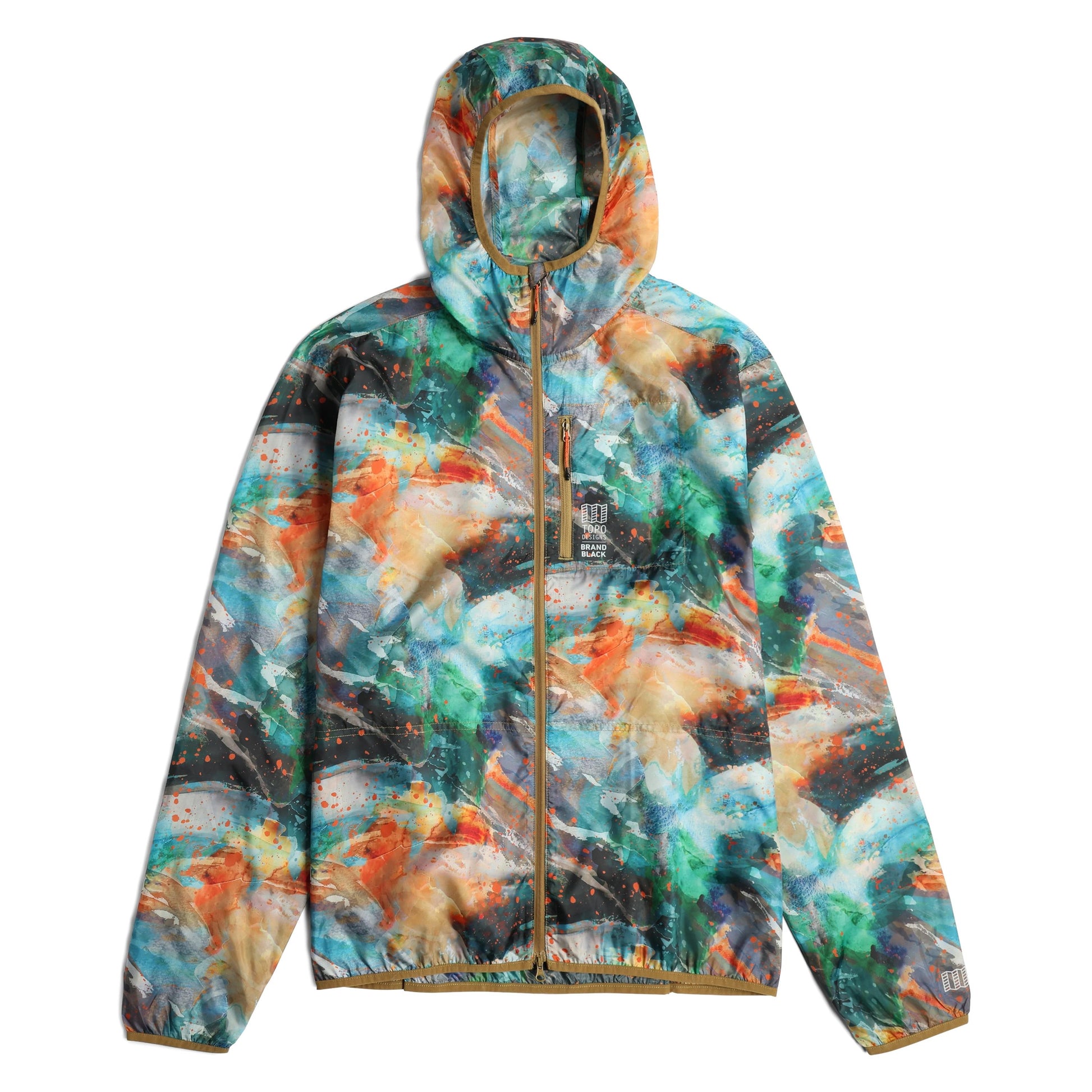 Front shot of Topo Designs x Brand Black Global Ultralight Packable Jacket in "Koi"