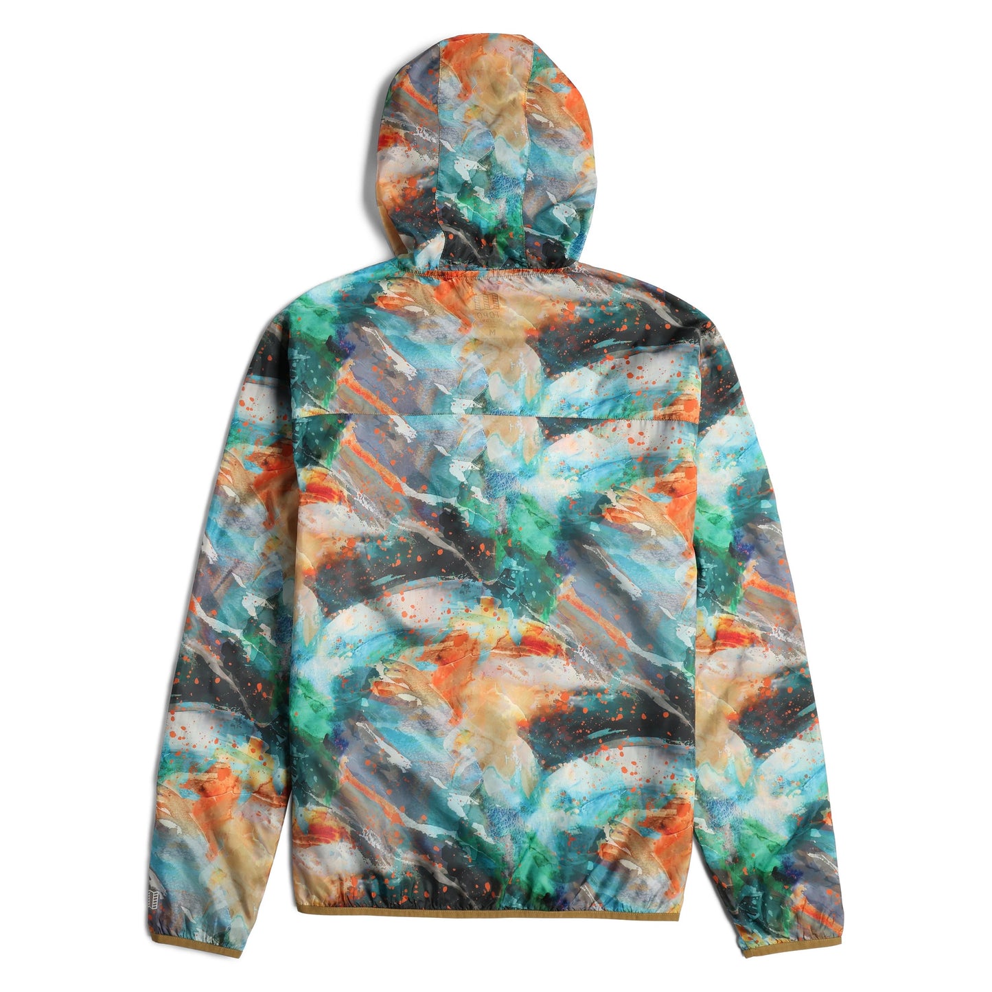 Back shot of Topo Designs x Brand Black Global Ultralight Packable Jacket in "Koi"