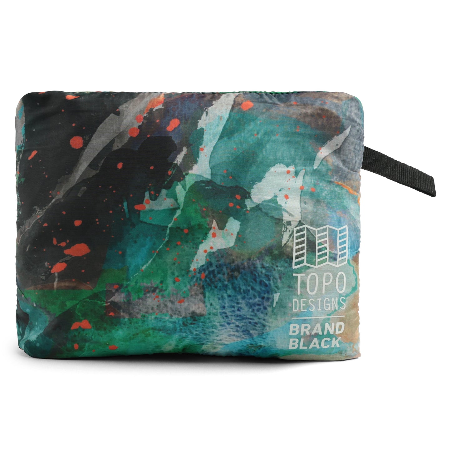 Front shot of Topo Designs x Brand Black Global Ultralight Packable Jacket packed in bag in "Koi"