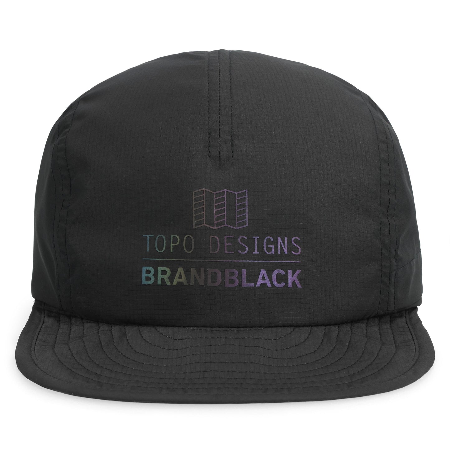 Front shot of Topo Designs x Brand Black Global Pack Cap in "Black"