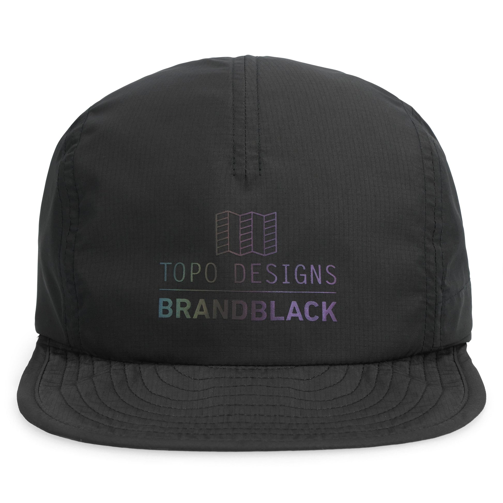 Front shot of Topo Designs x Brand Black Global Pack Cap in "Black"