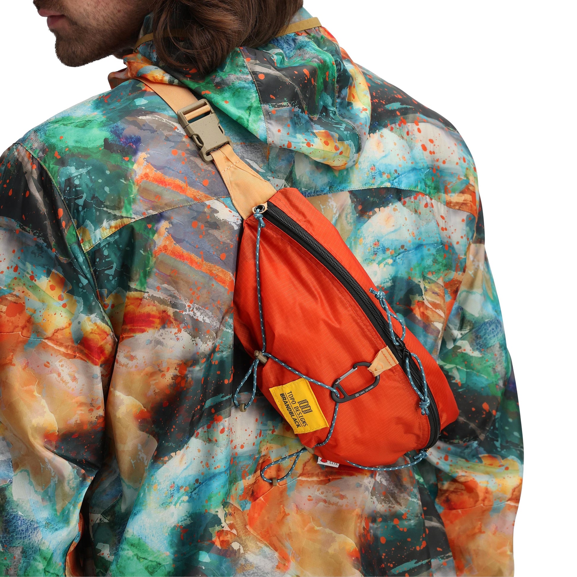 Detail shot of Topo Designs x Brand Black Topolite Hip Pack in "Koi"