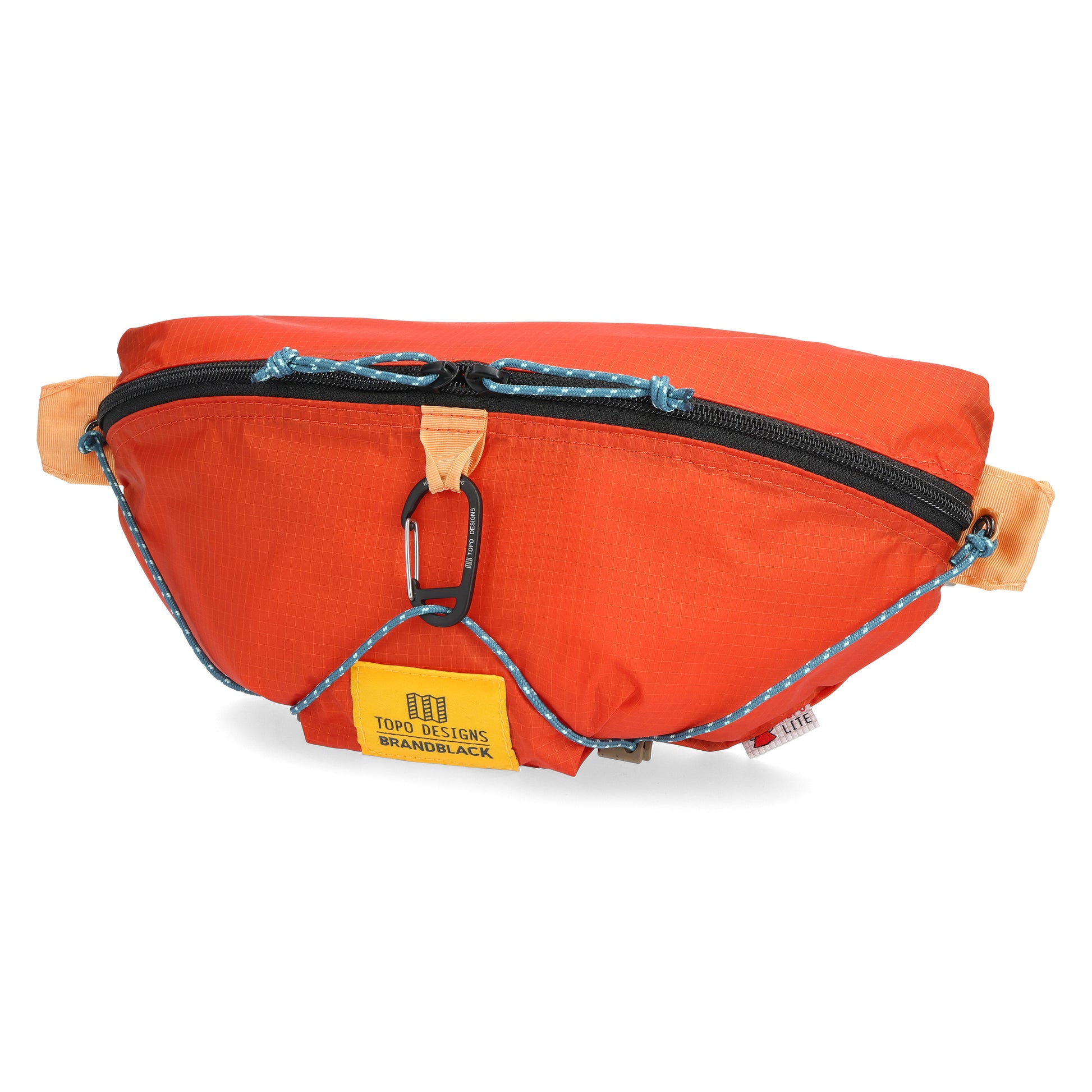 Front quarter shot of Topo Designs x Brand Black Topolite Hip Pack in "Koi"