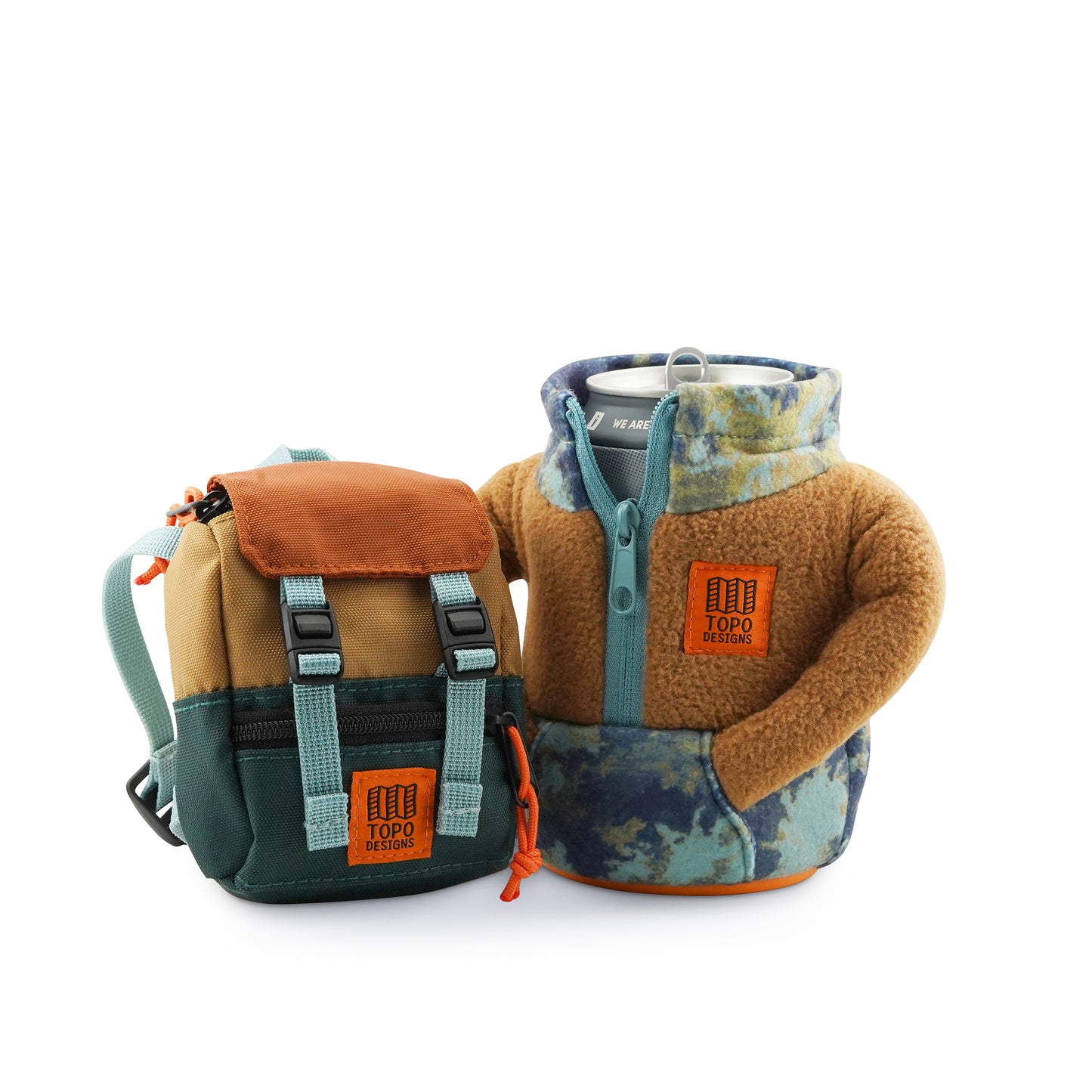 Puffin x Topo Designs Adventure Fleece koozie in "Tan / Multi" style