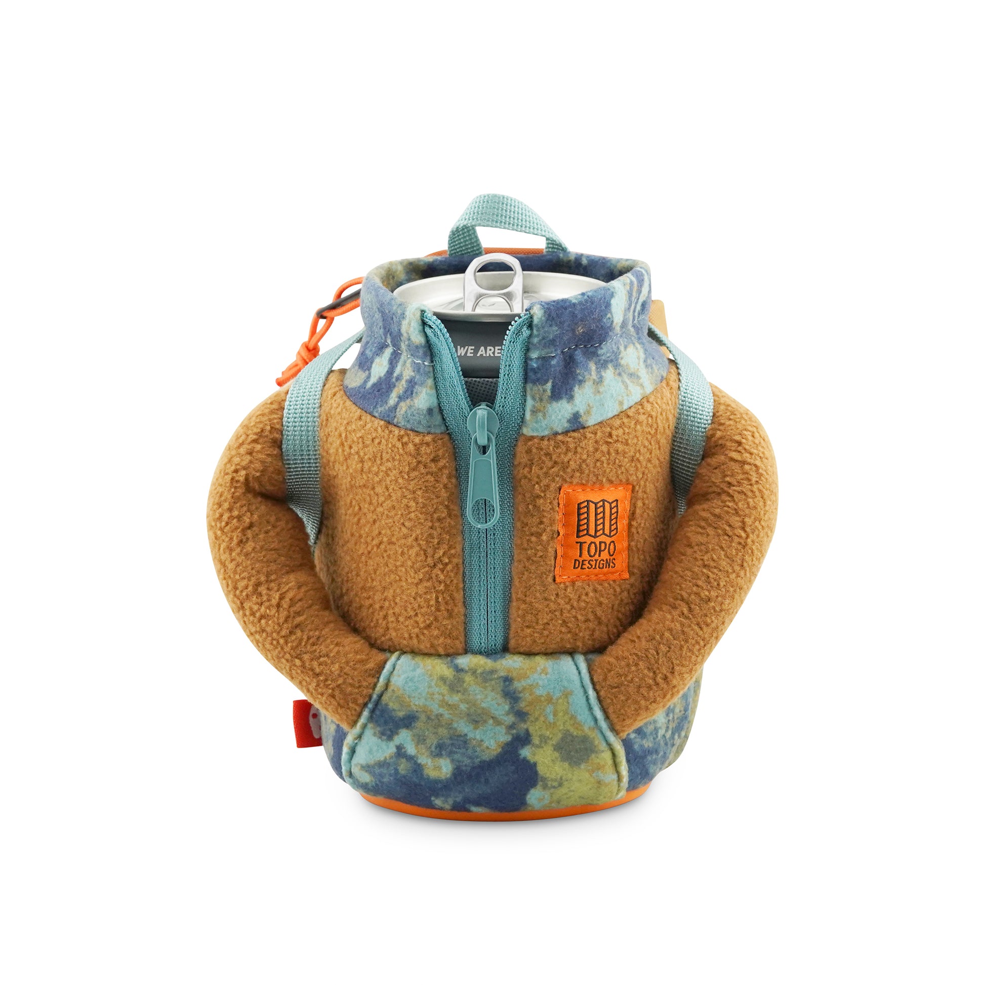 Puffin x Topo Designs Adventure Fleece koozie in "Tan / Multi" style