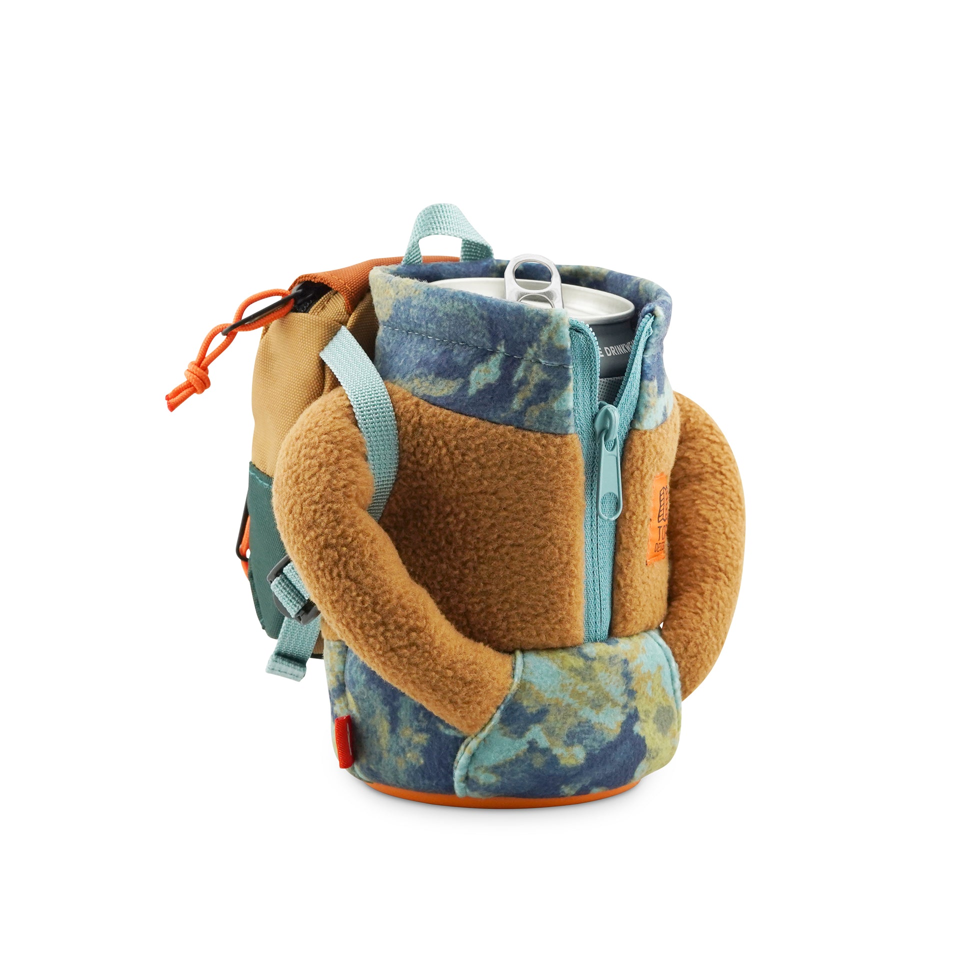 Puffin x Topo Designs Adventure Fleece koozie in "Tan / Multi" style