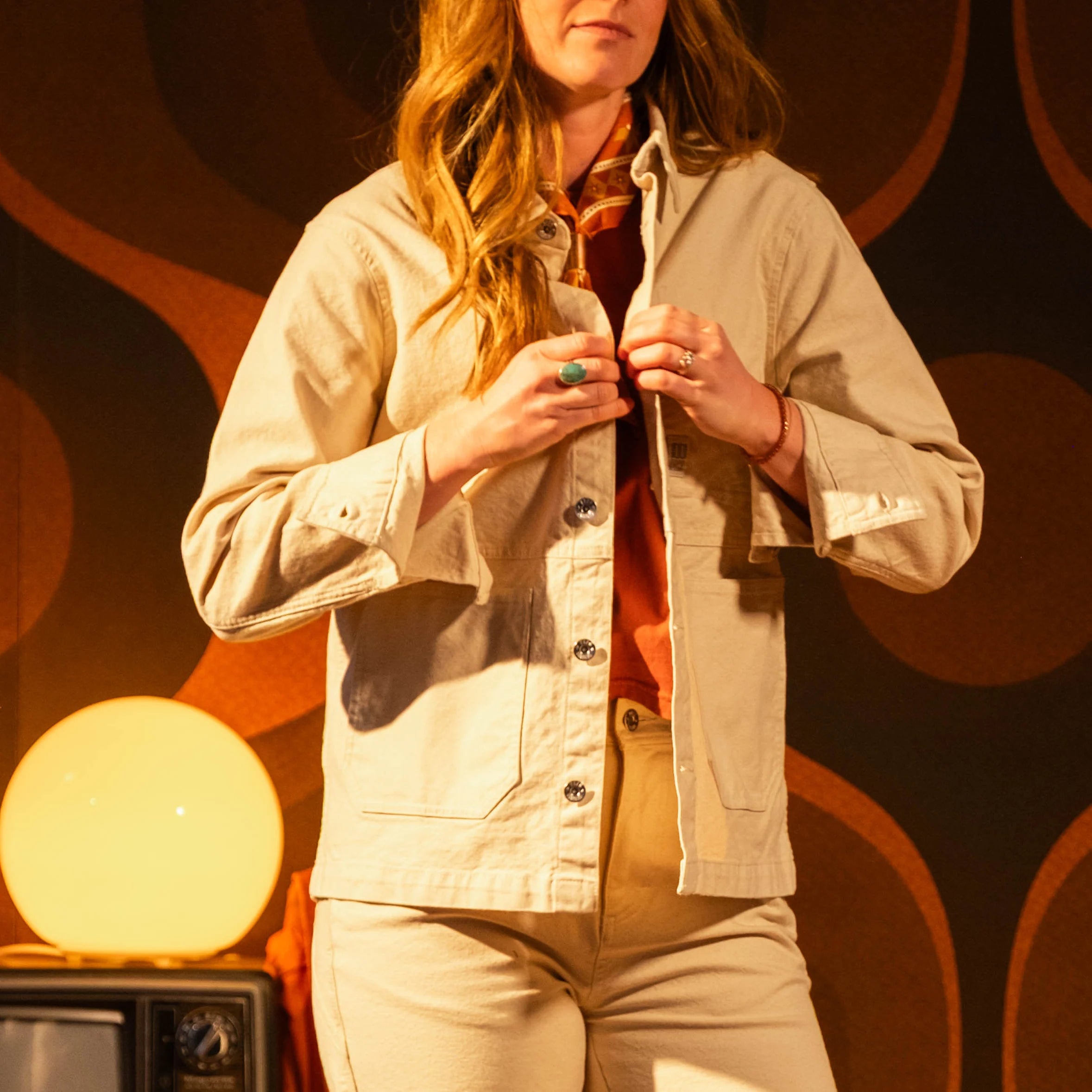 Model shot of Utility Jacket Women's in "Undyed" [Model is 5'10", wearing size medium]