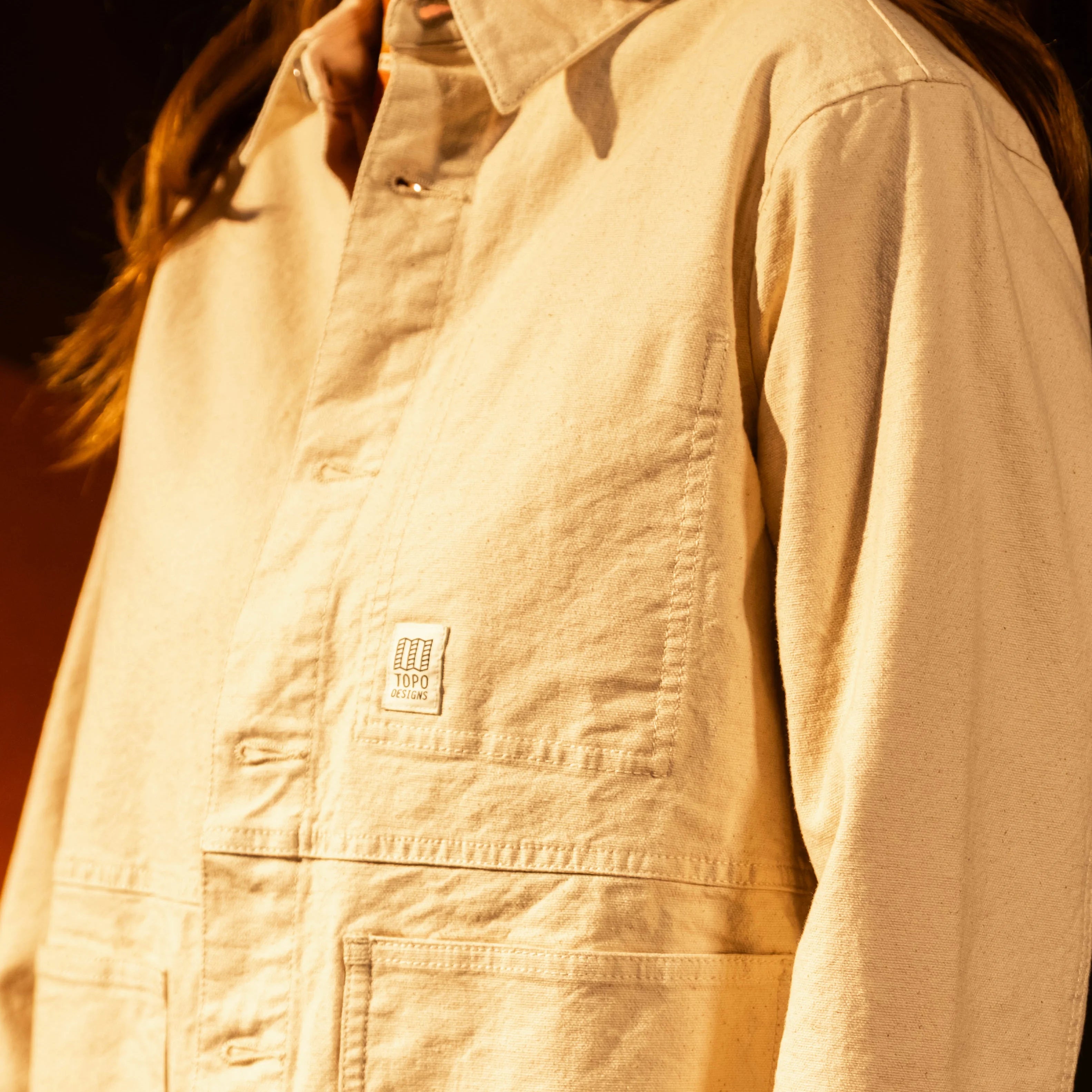 Model shot of Utility Jacket Women's in "Undyed" [Model is 5'10", wearing size medium]