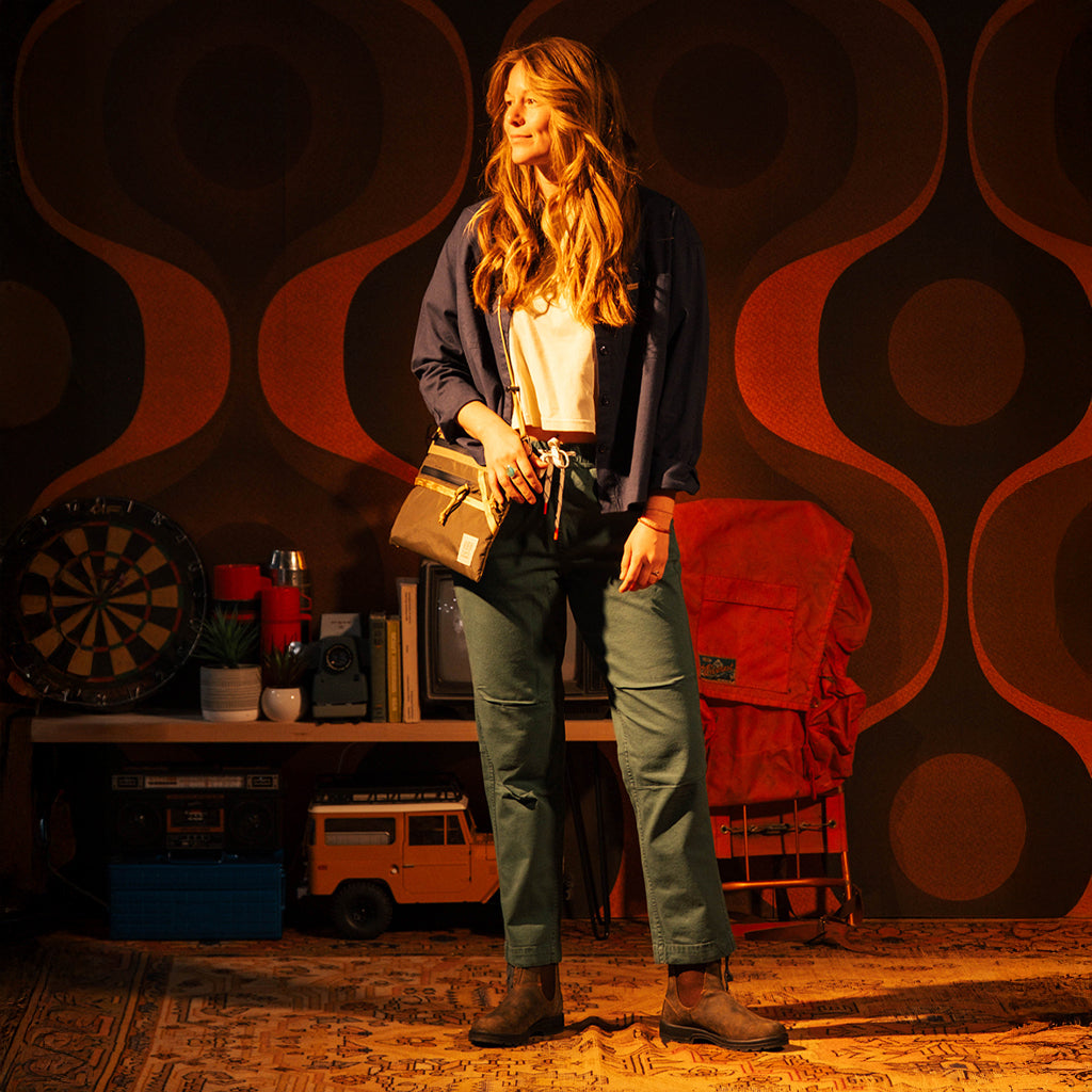 General front view of Topo Designs Dirt Pants Classic - Women's in "Evergreen"