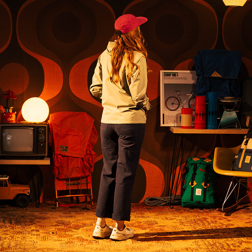 General shot of Topo Designs Global Jacket in "Oil Green" [Model is 5'10", wearing size medium]