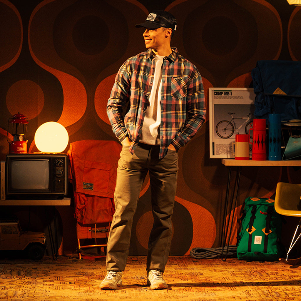 General front view of Topo Designs Dirt 5-Pocket Pants - Men's in "Beetle"