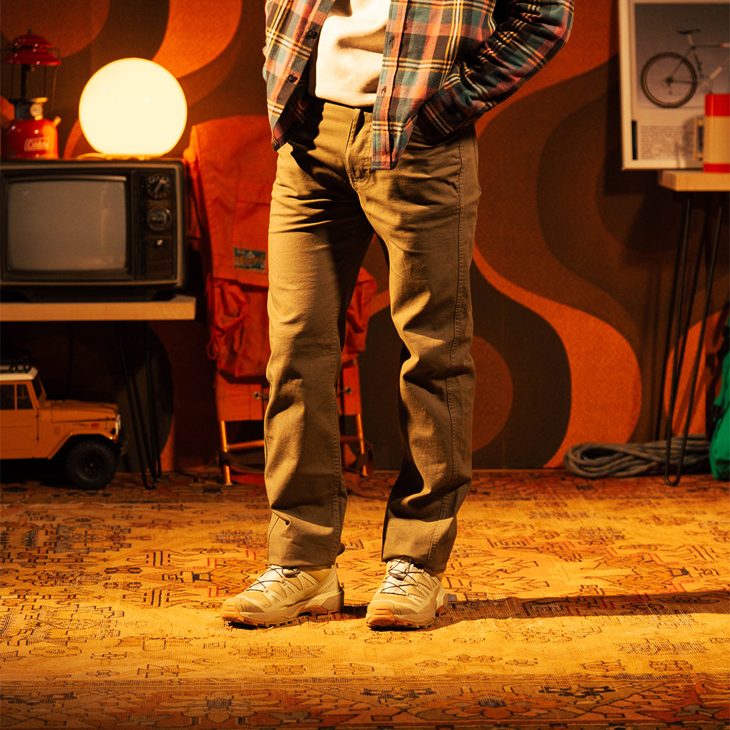 General front view of Topo Designs Dirt 5-Pocket Pants - Men's in "Beetle"