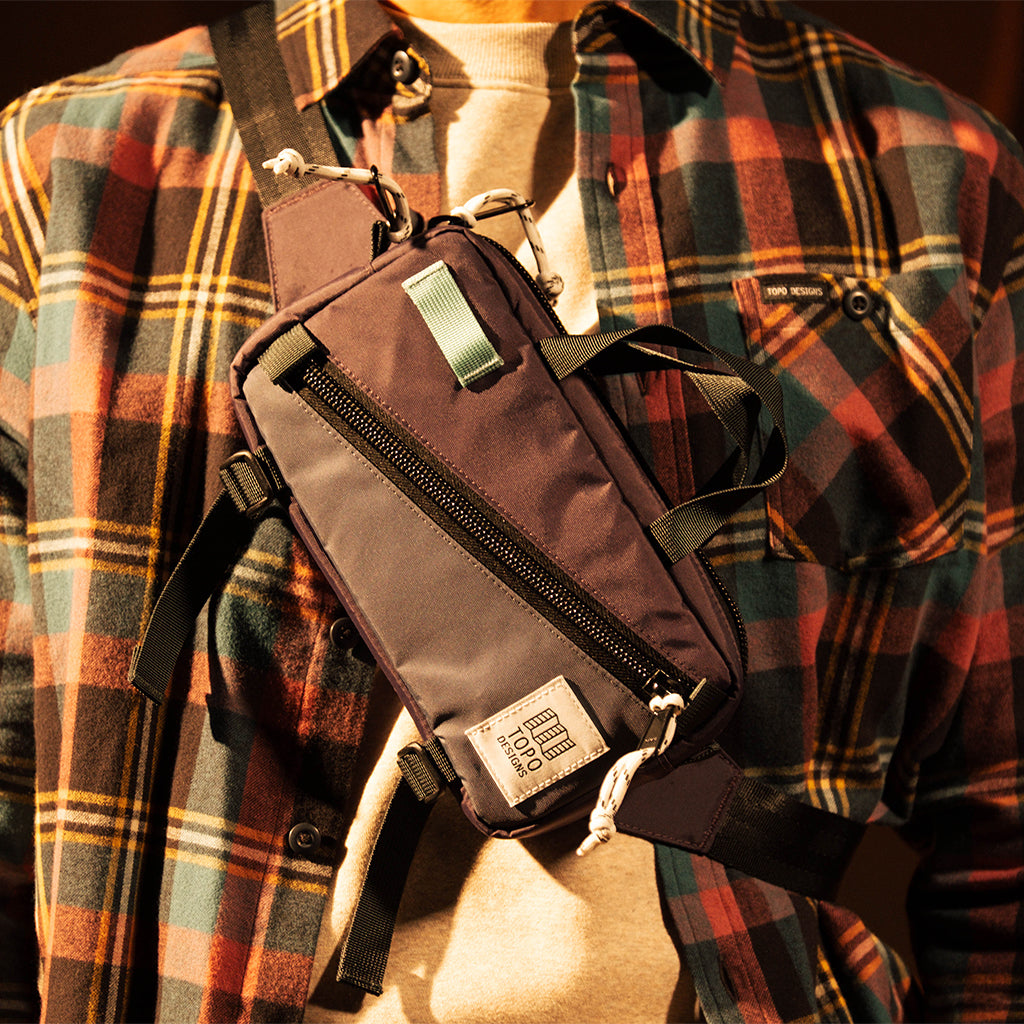 General front view of Topo Designs Mini Quick Pack in "Nightshade / Slate"