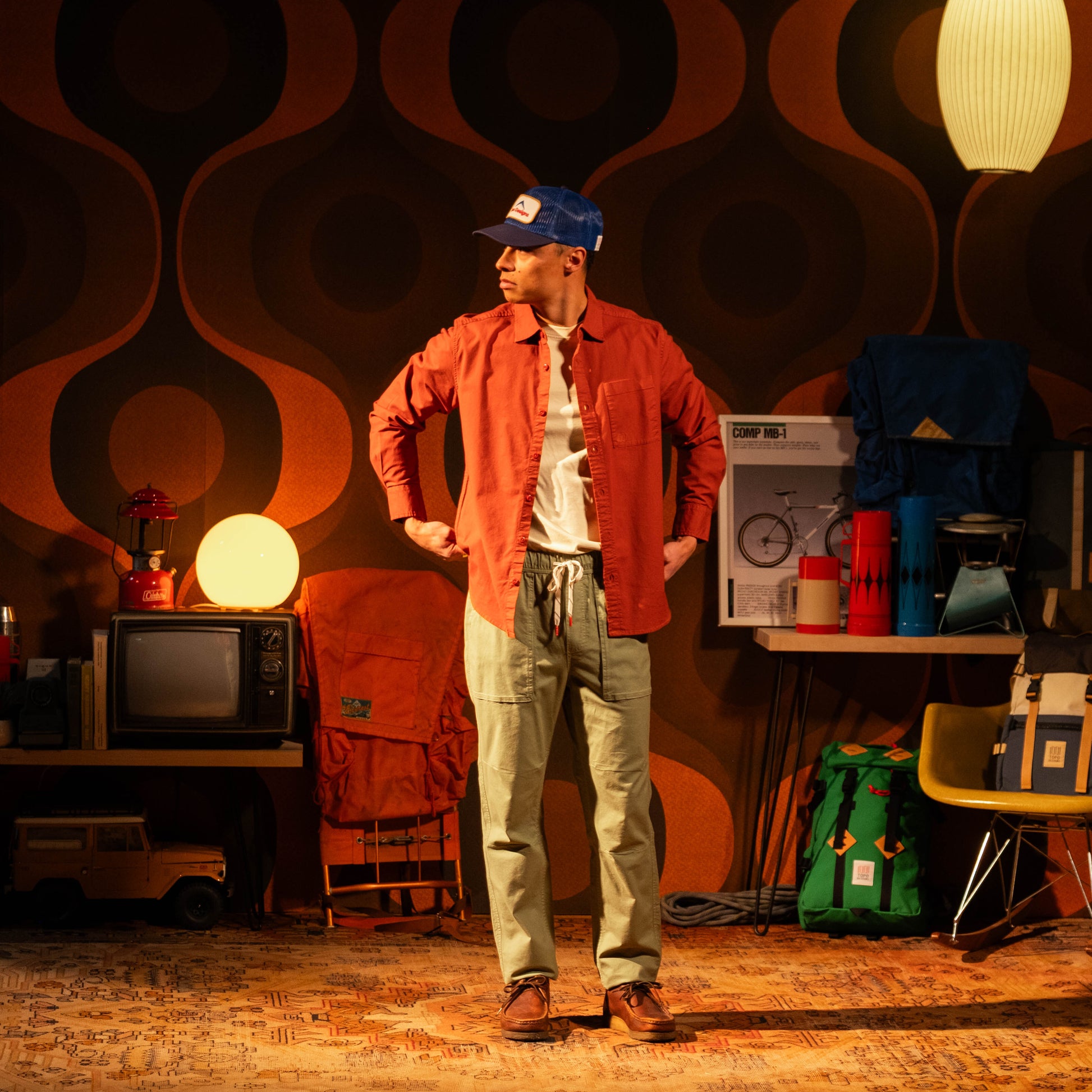 General model shot of Topo Designs Desert Shirt - Men's in "Terracotta"