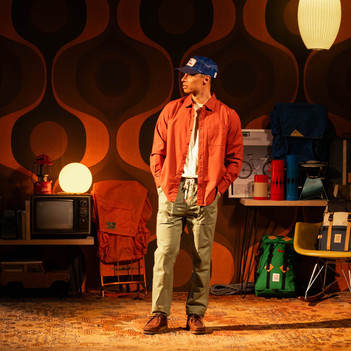 General model shot of Topo Designs Desert Shirt - Men's in "Terracotta"