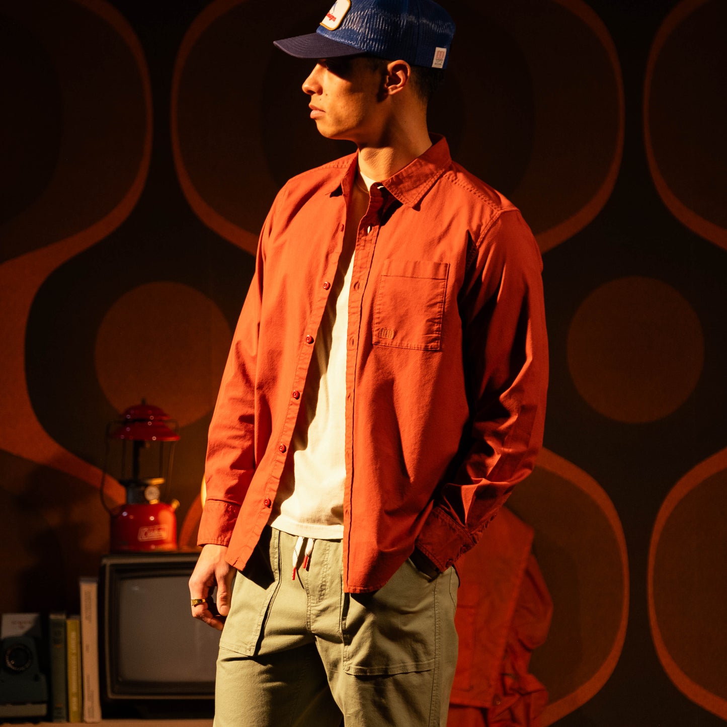 General model shot of Topo Designs Desert Shirt - Men's in "Terracotta"