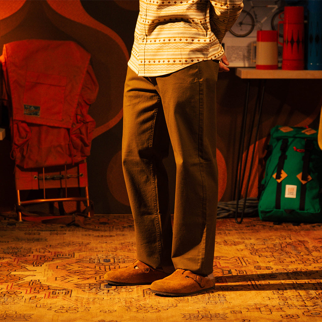 General front view of Topo Designs Dirt 5-Pocket Pants - Men's in "Desert Palm"