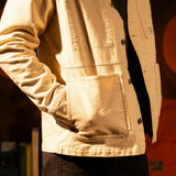 General model shot of Front view of Topo Designs Utility Jacket Undyed - Men's in "Undyed" [Model is 5'11', wearing size medium]