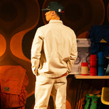 General model shot of Front view of Topo Designs Utility Jacket Undyed - Men's in "Undyed" [Model is 5'11', wearing size medium]