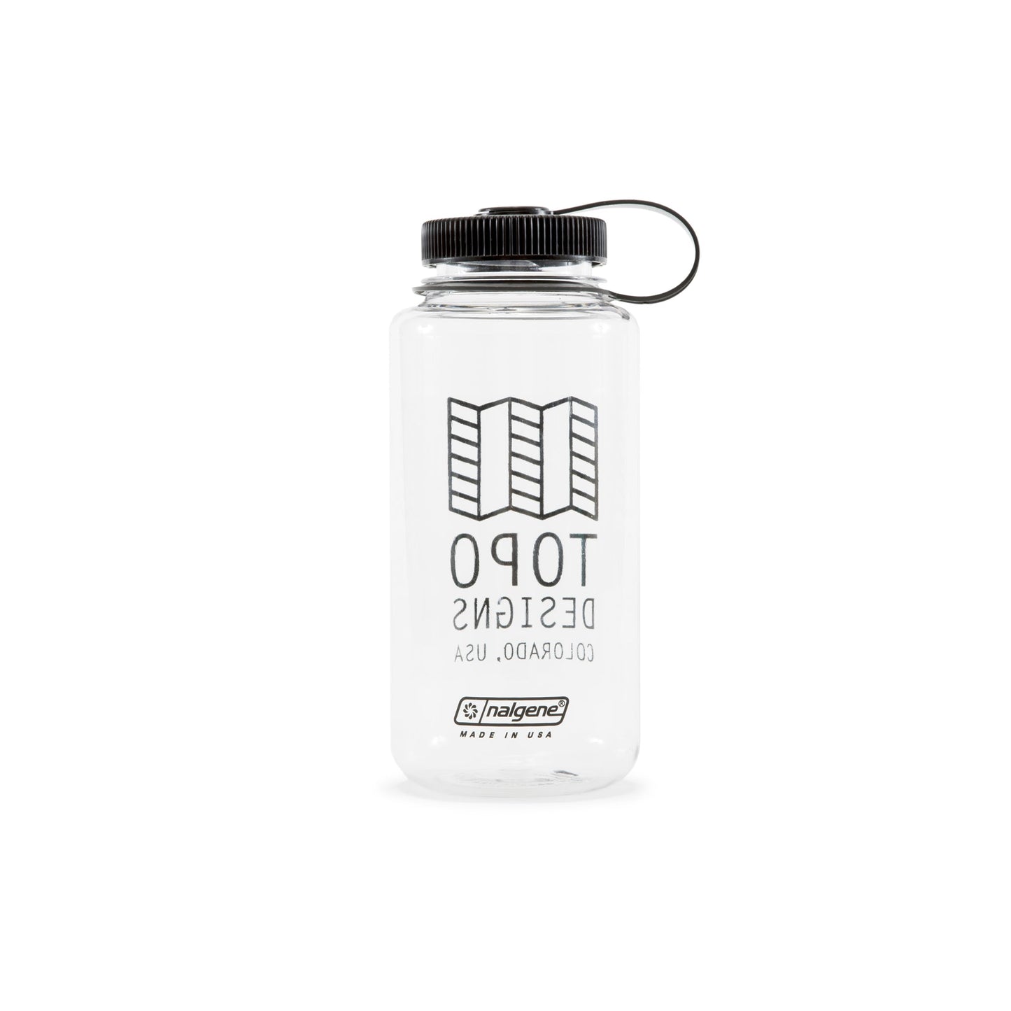 Topo Designs Nalgene 32 oz Wide Mouth Water Bottle with Black Map Logo in "Clear / Black".
