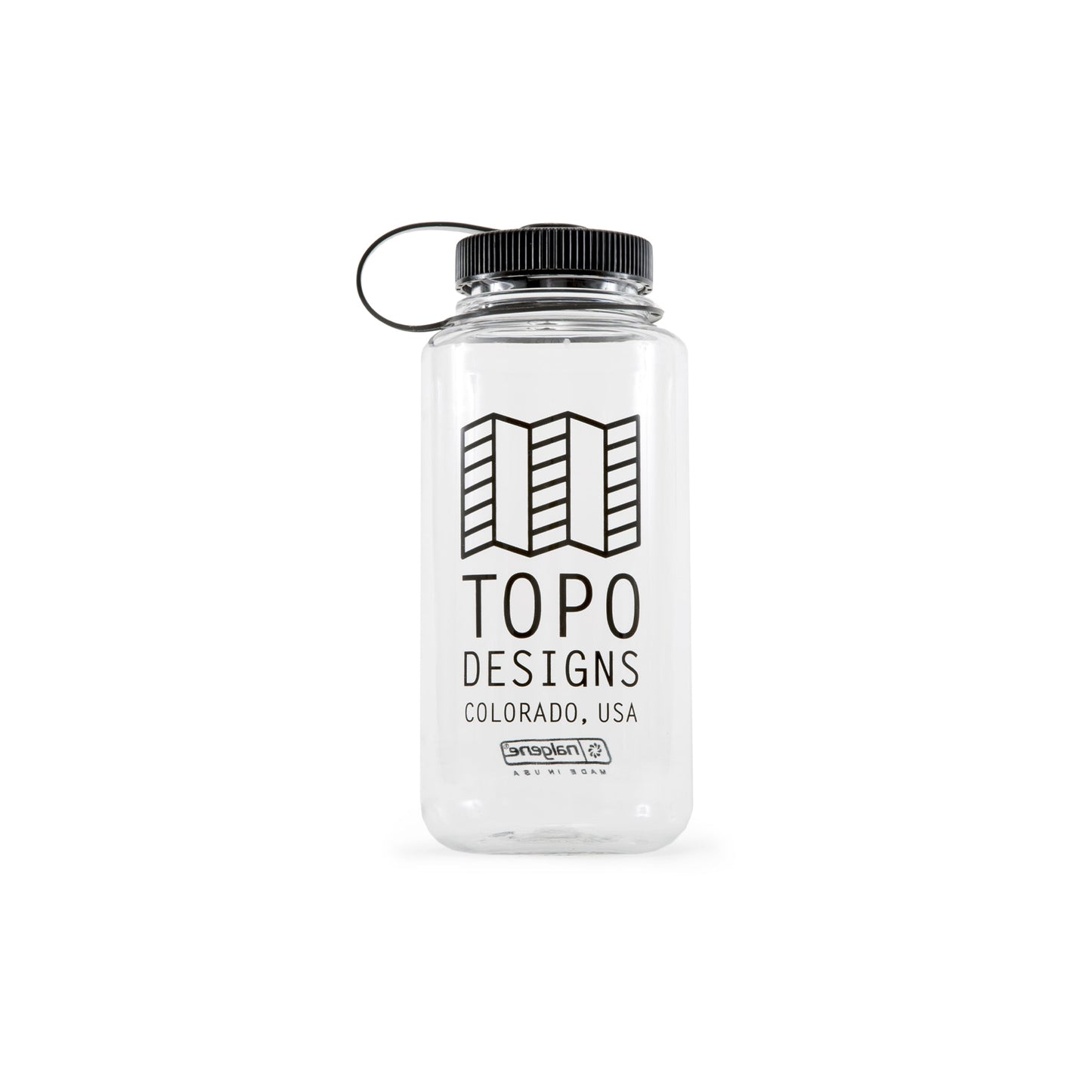 Topo Designs Nalgene 32 oz Wide Mouth Water Bottle with Black Map Logo in "Clear / Black".