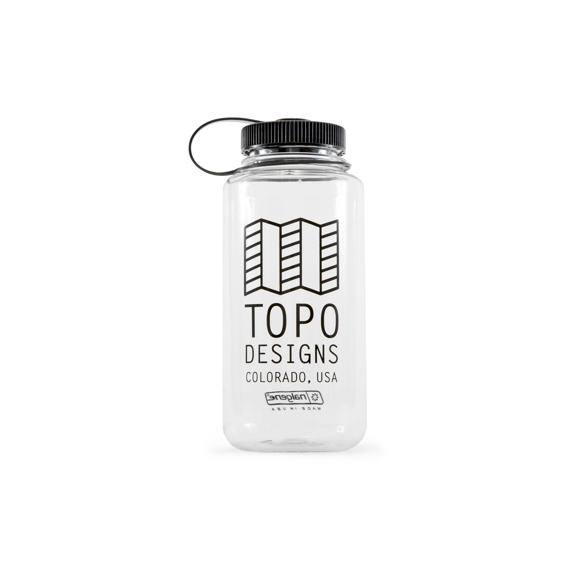 Topo Designs Nalgene 32 oz Wide Mouth Water Bottle with Black Map Logo in "Clear / Black".